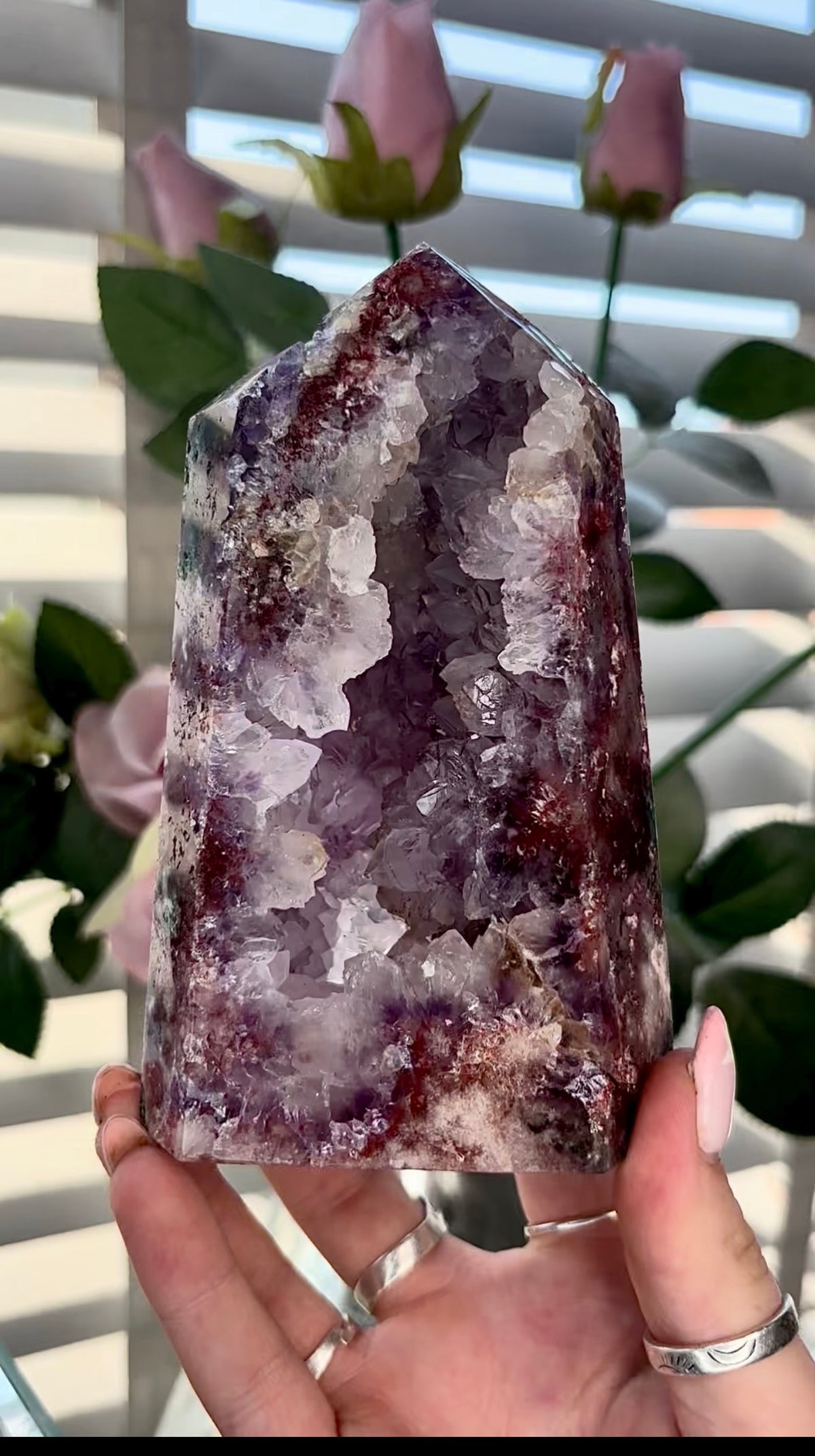 Beautiful, high quality, Pink amethyst tower with quartz in purple& red tones with Green jasper - 13.5cm by 8cm