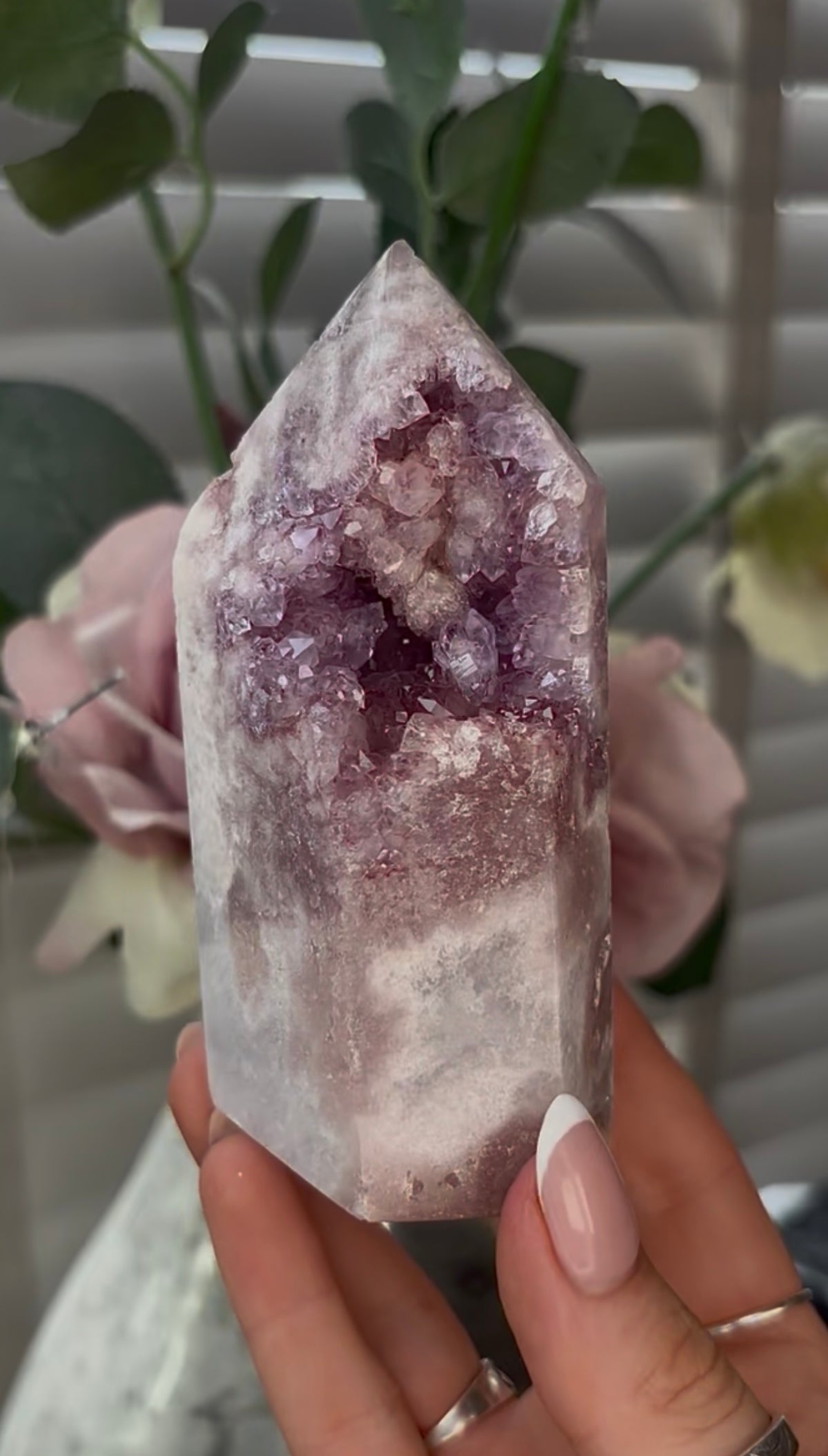 Beautiful, hq, druzy, Pink amethyst tower 11cm(h) by 6cm(w)