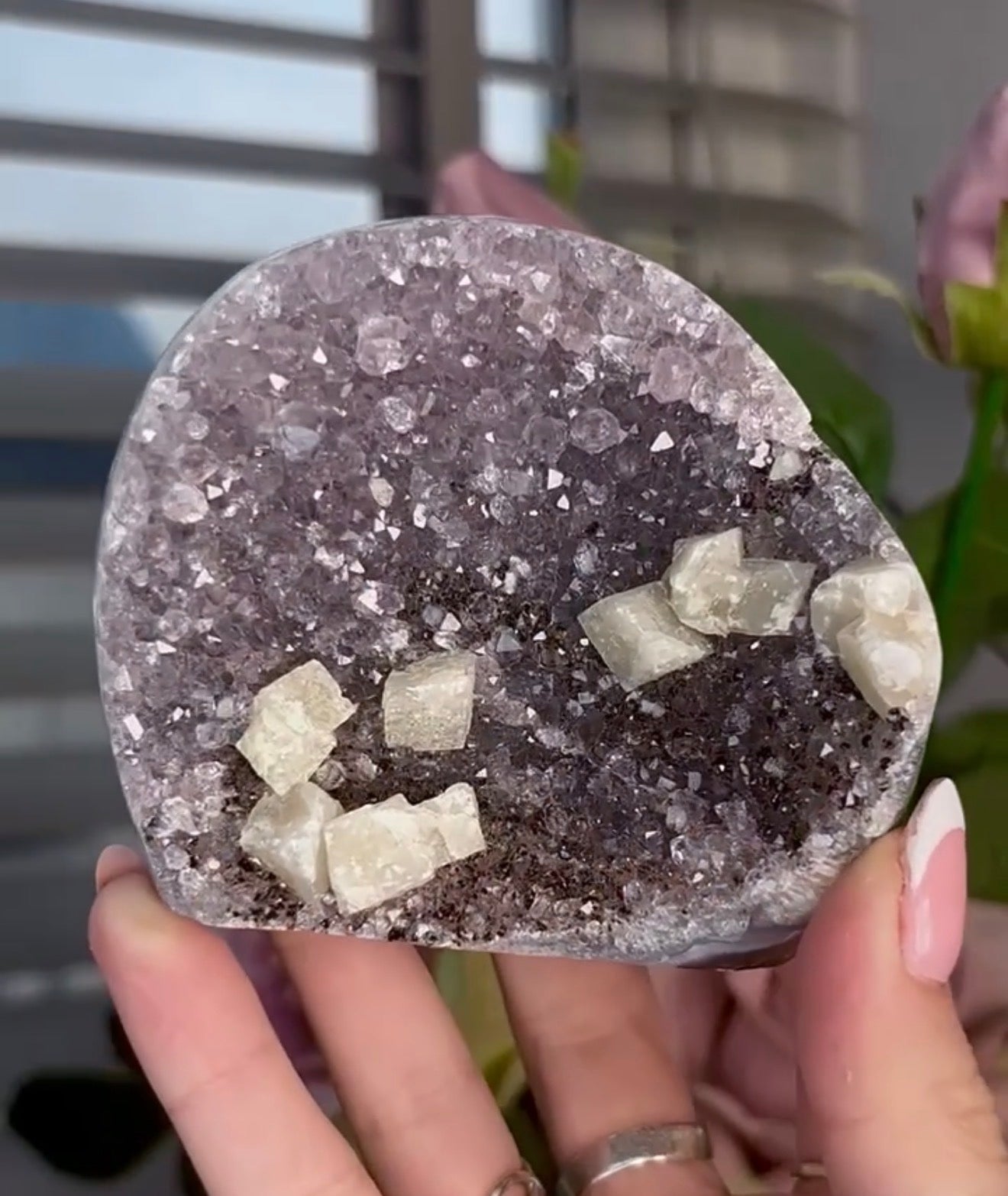 amethyst cutbase with cubic calcite