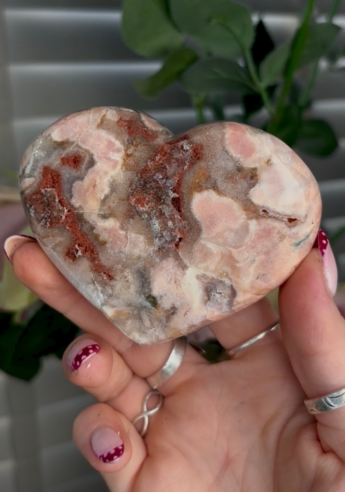 Gorgeous pink amethyst & jasper heart in peach tones  - comes with stand