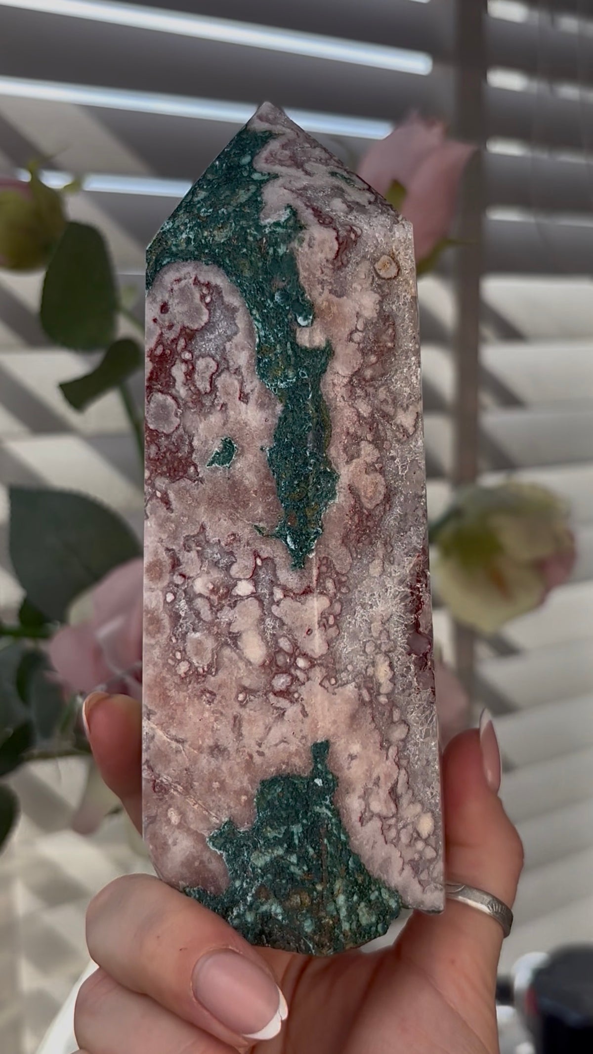 Beautiful, Pink amethyst tower with purple quartz teeth 17cm(h) by 7cm(w)