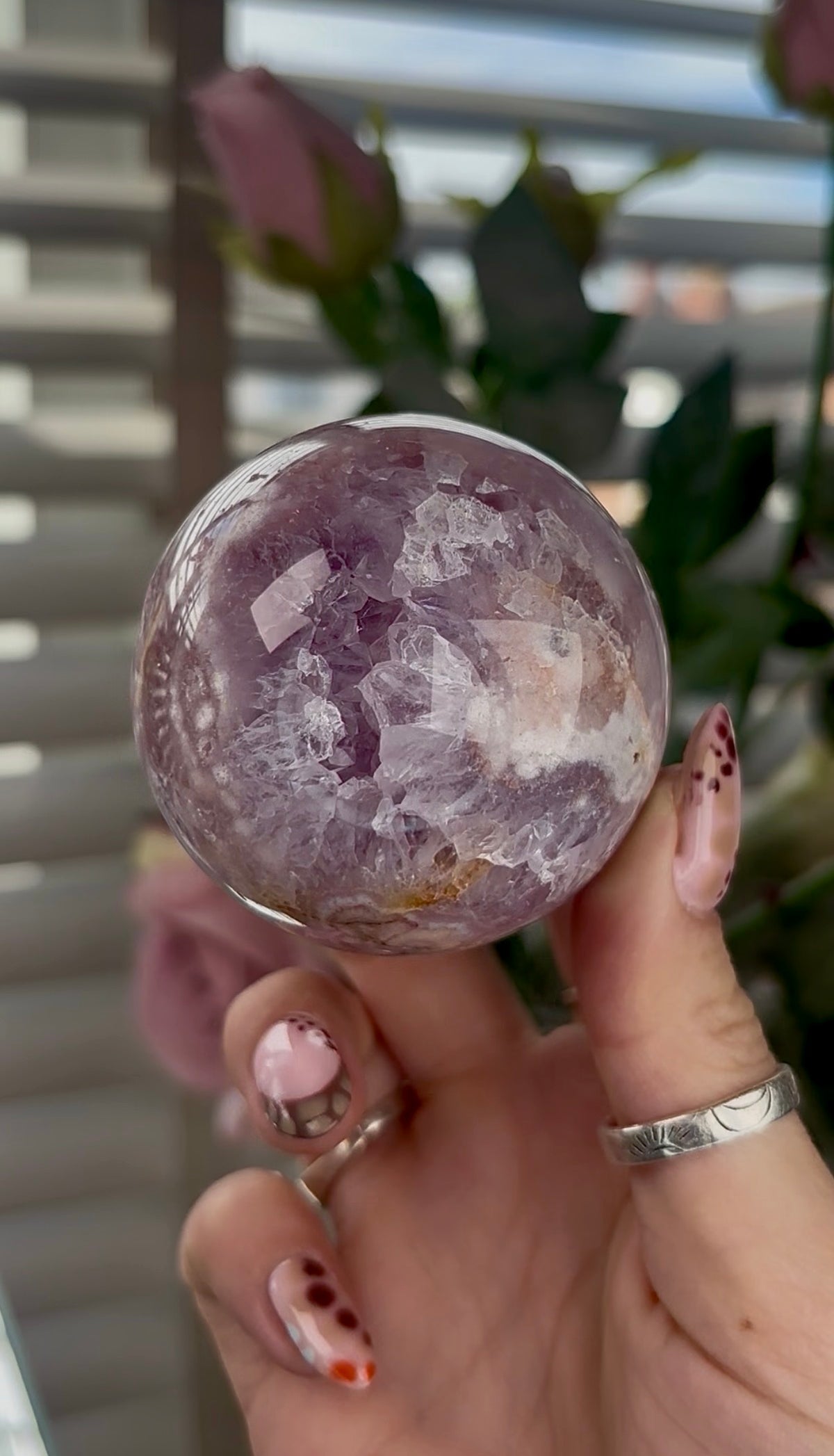 High grade, Pink amethyst Flower agate sphere with druzy quartz- 5.5cm