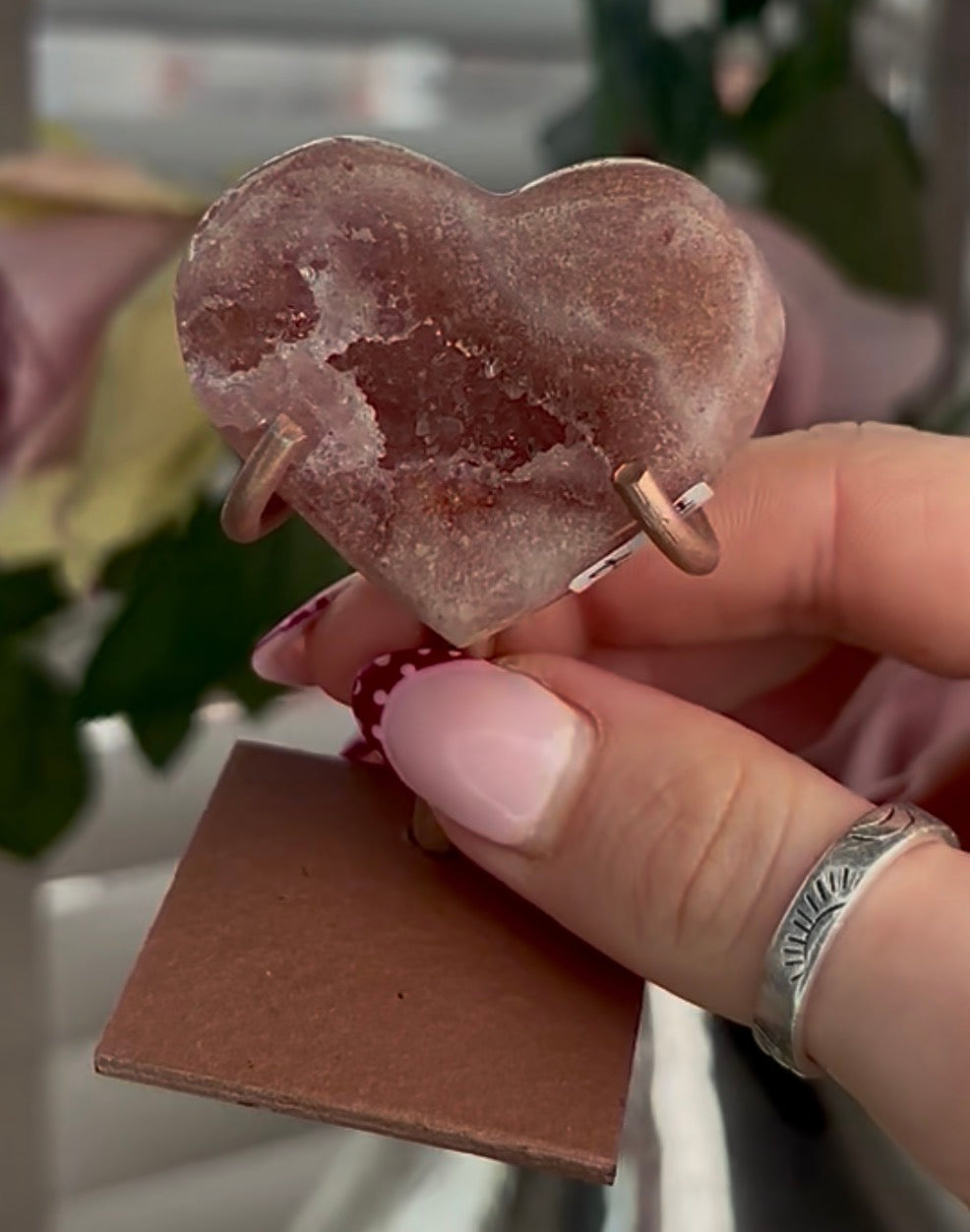mini pink amethyst heart  - comes with stand