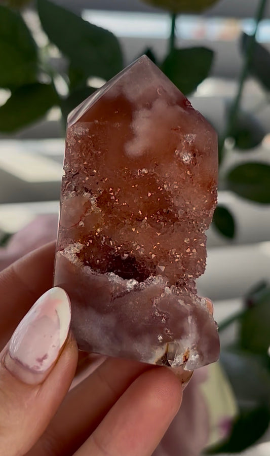 Beautiful, high quality, Pink amethyst tower with sugar druzy