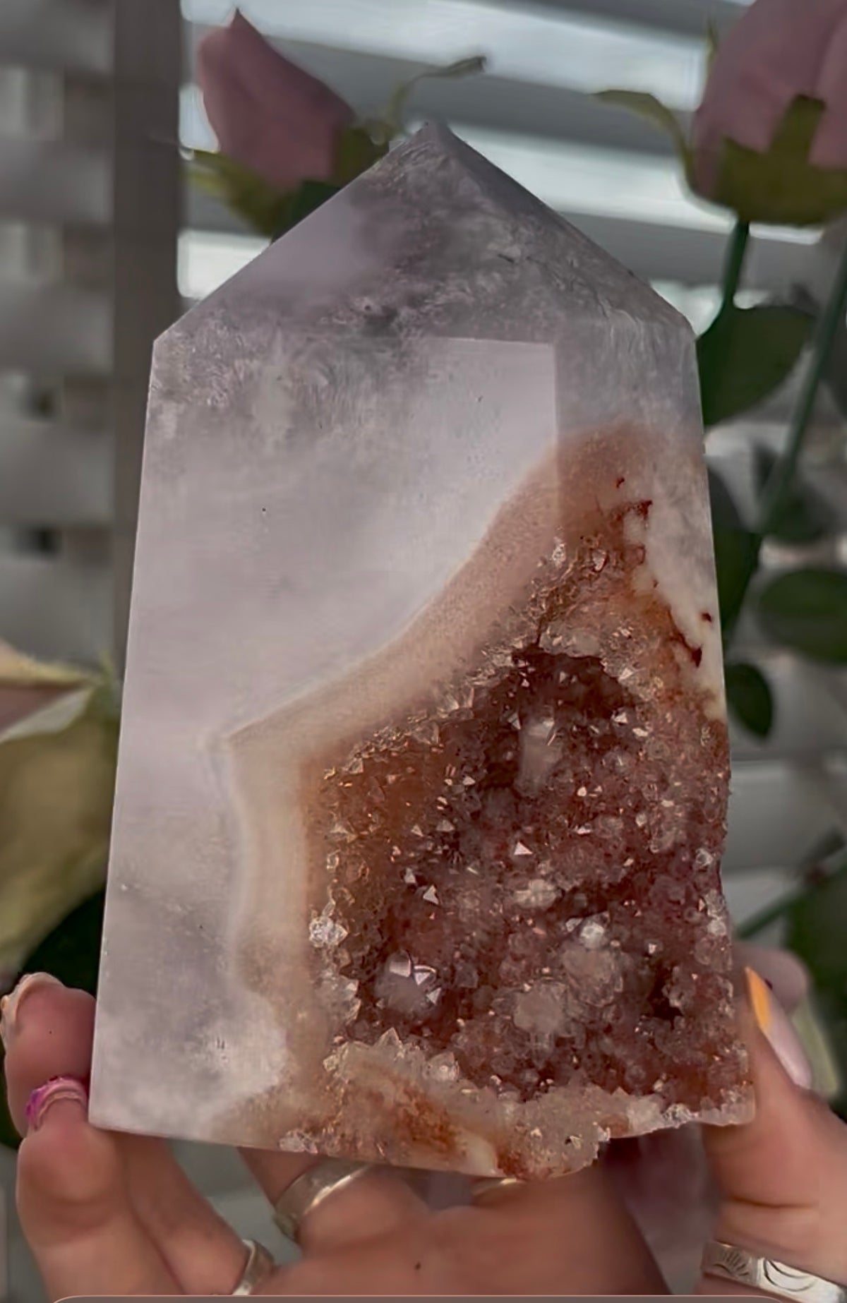 Large, High quality, Pink amethyst tower, with orange druzy
