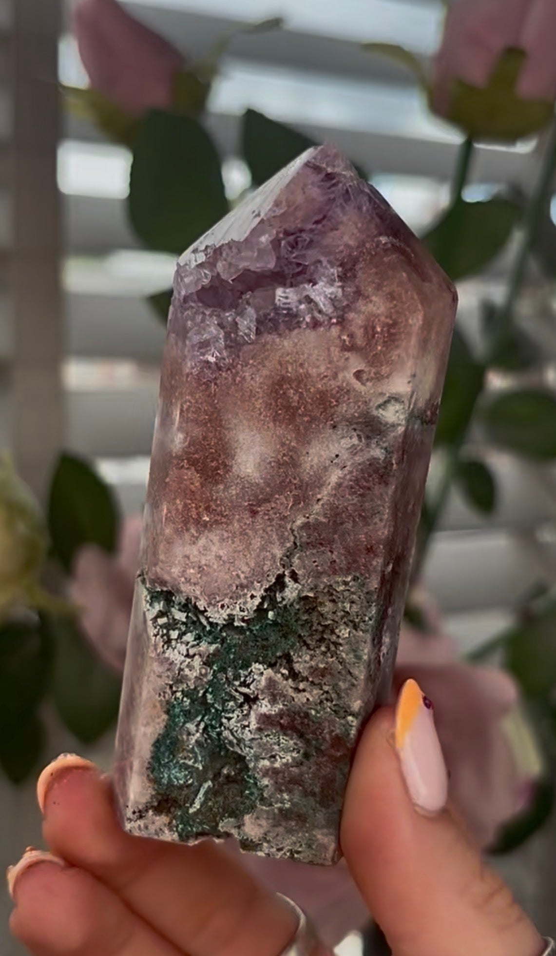 Pretty, Pink amethyst tower, with purple quartz druzy & green jasper