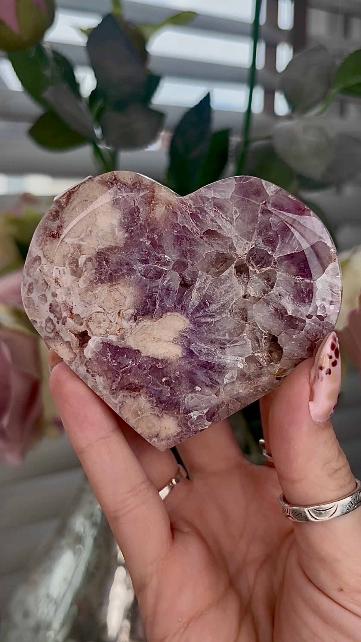 High grade, Amethyst Flower agate heart with stand