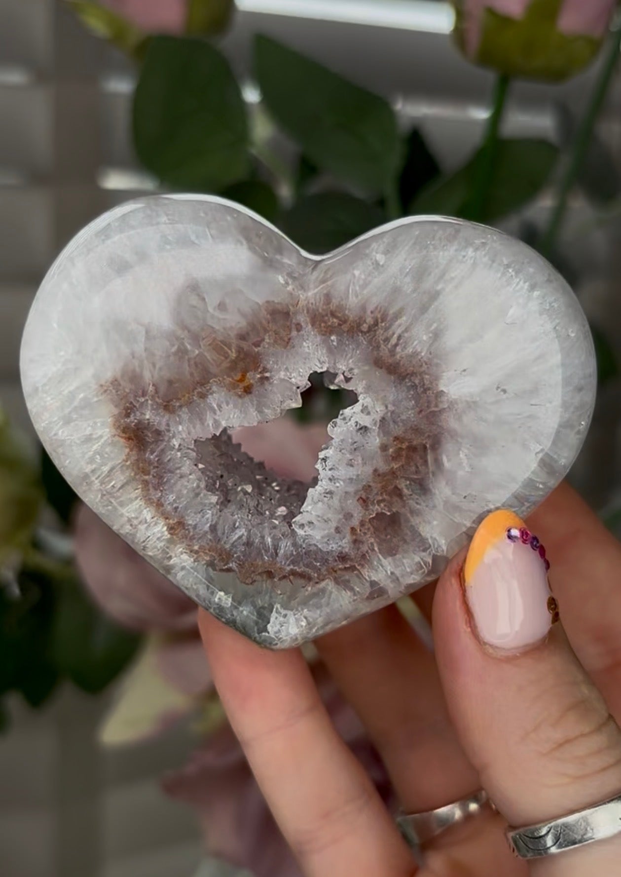 Beautiful, high grade, agate heart with druzy - comes with stand