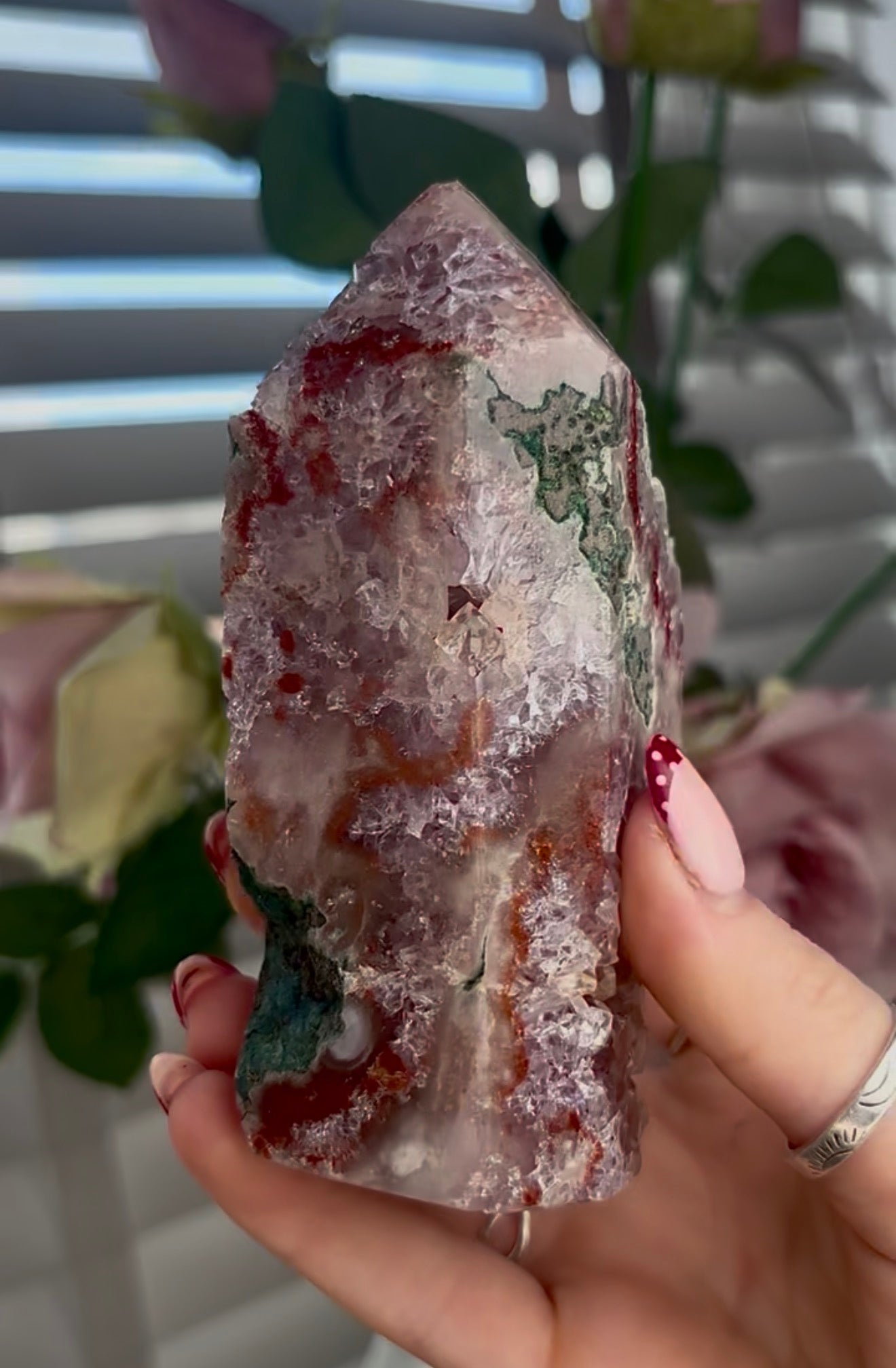Pink amethyst tower with jasper and quartz