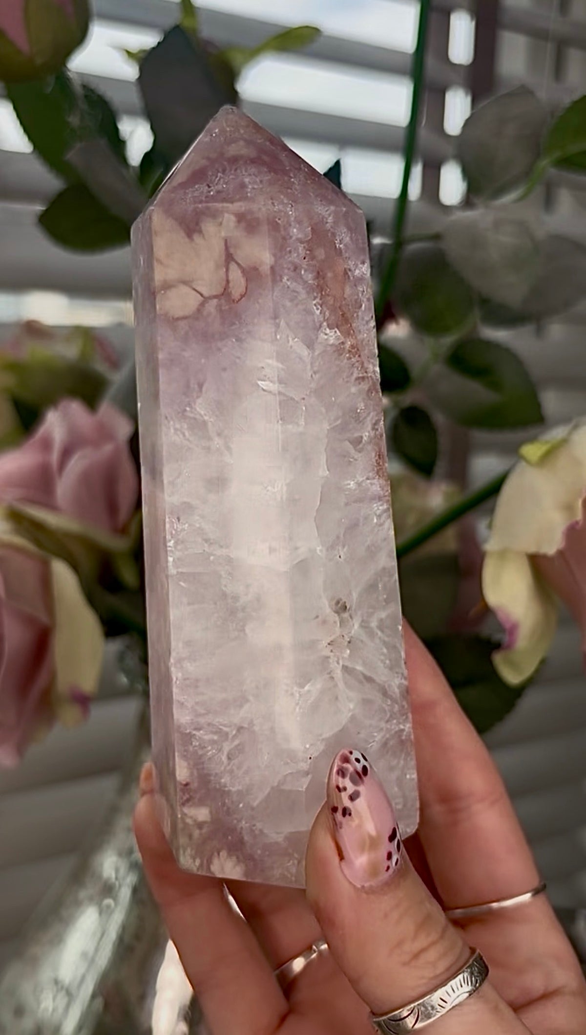 High grade, pink Flower agate tower with high clarity quartz