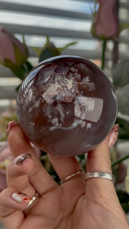 High grade, amethyst Flower agate sphere with high clarity quartz