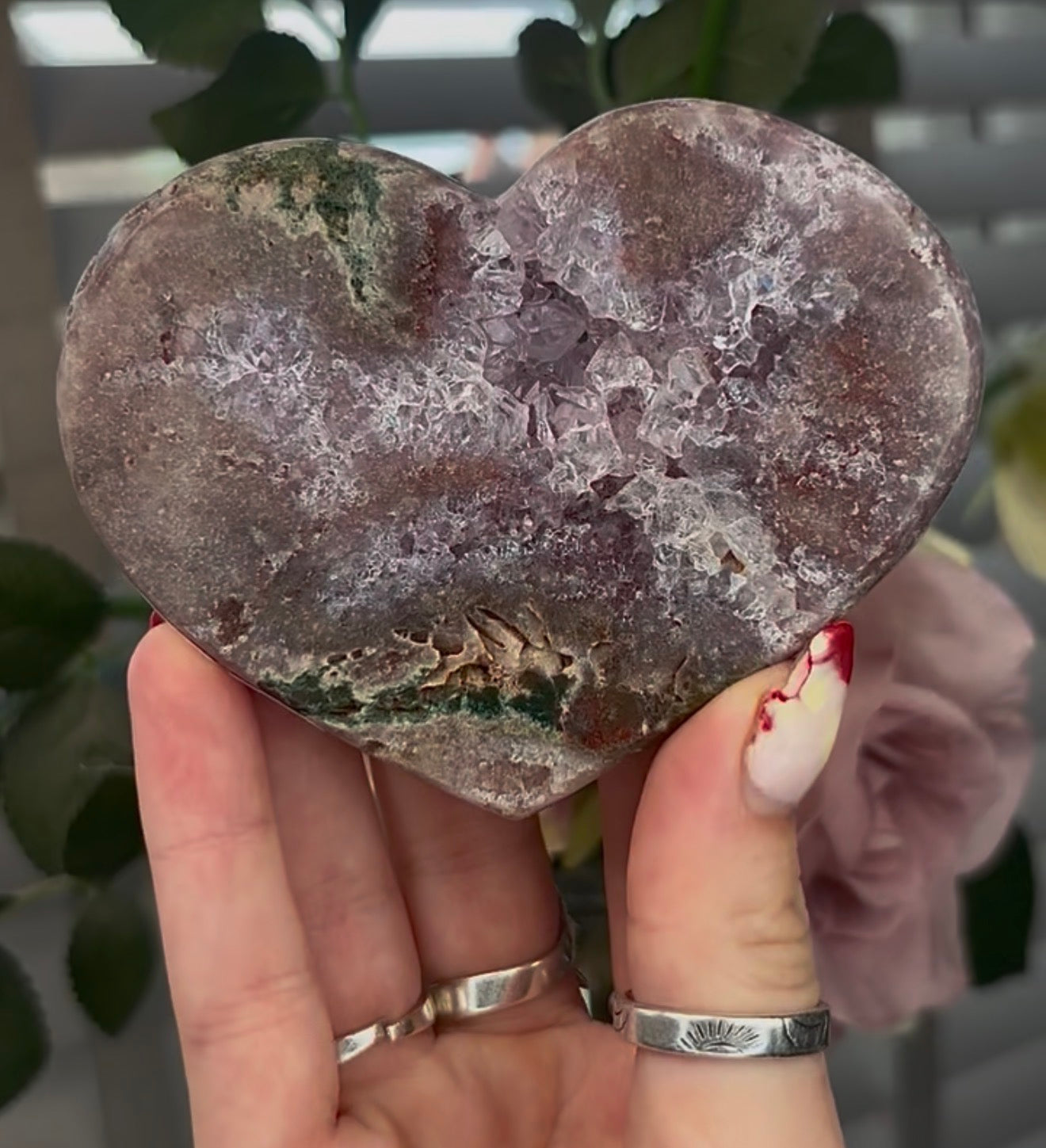 pink amethyst heart with Jasper and quartz - comes with stand (10cm)