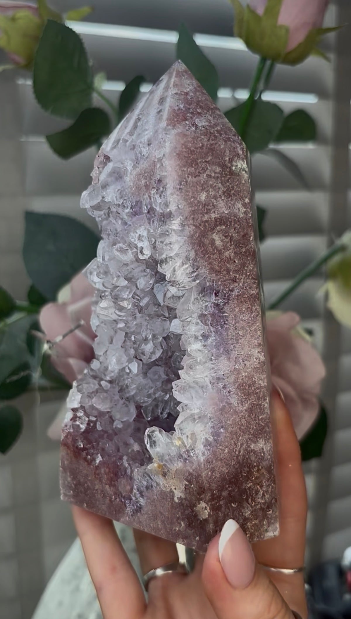 Beautiful, high quality, Pink amethyst tower with lilac quartz druzy teeth  14.7cm(h) by 8cm(w)