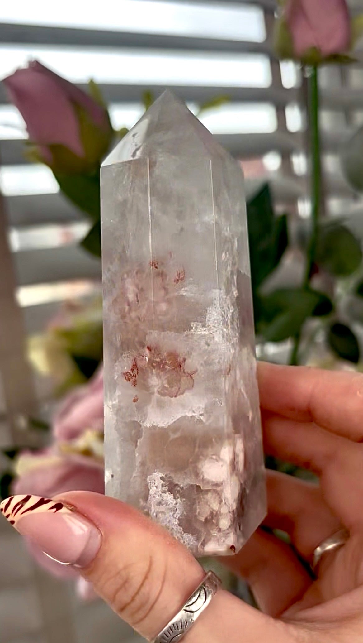 Stunning!! Super high quality, Druzy, green chlorite x blue flower agate tower