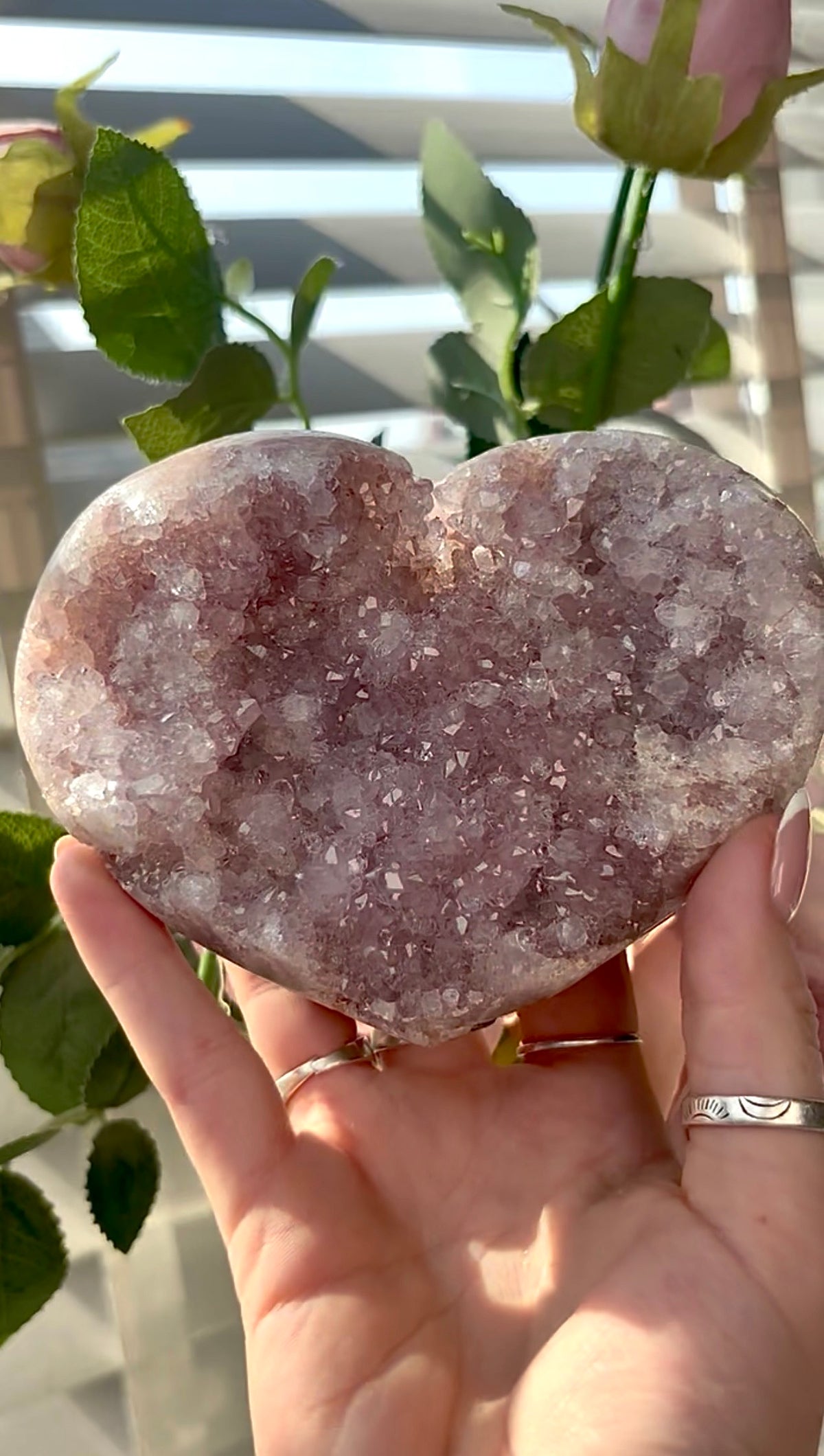 Gorgeous, hq, druzy pink amethyst heart- comes with stand
