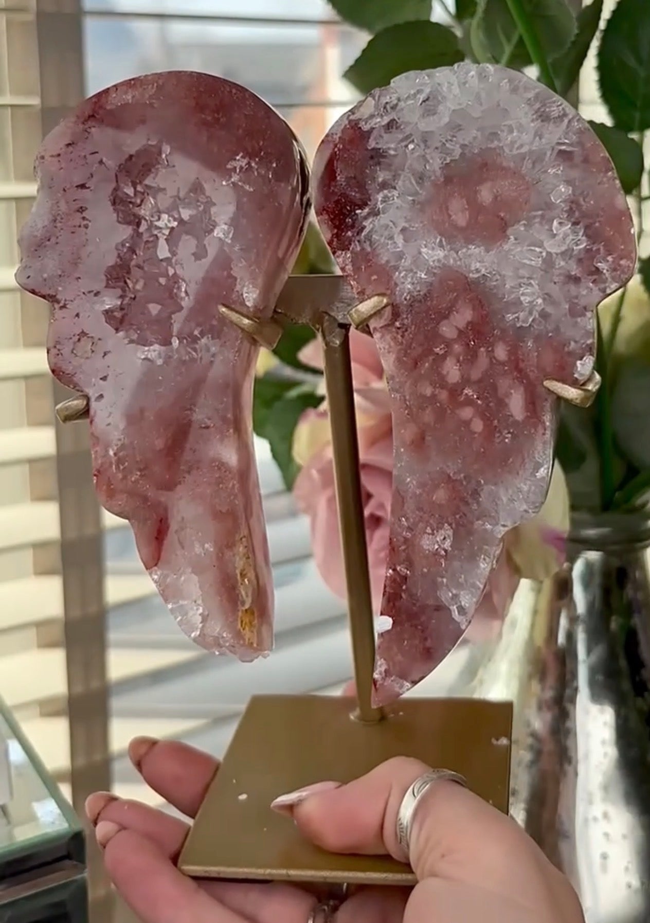 High quality, pink amethyst wings in reddish/deep pink tone - comes with stand