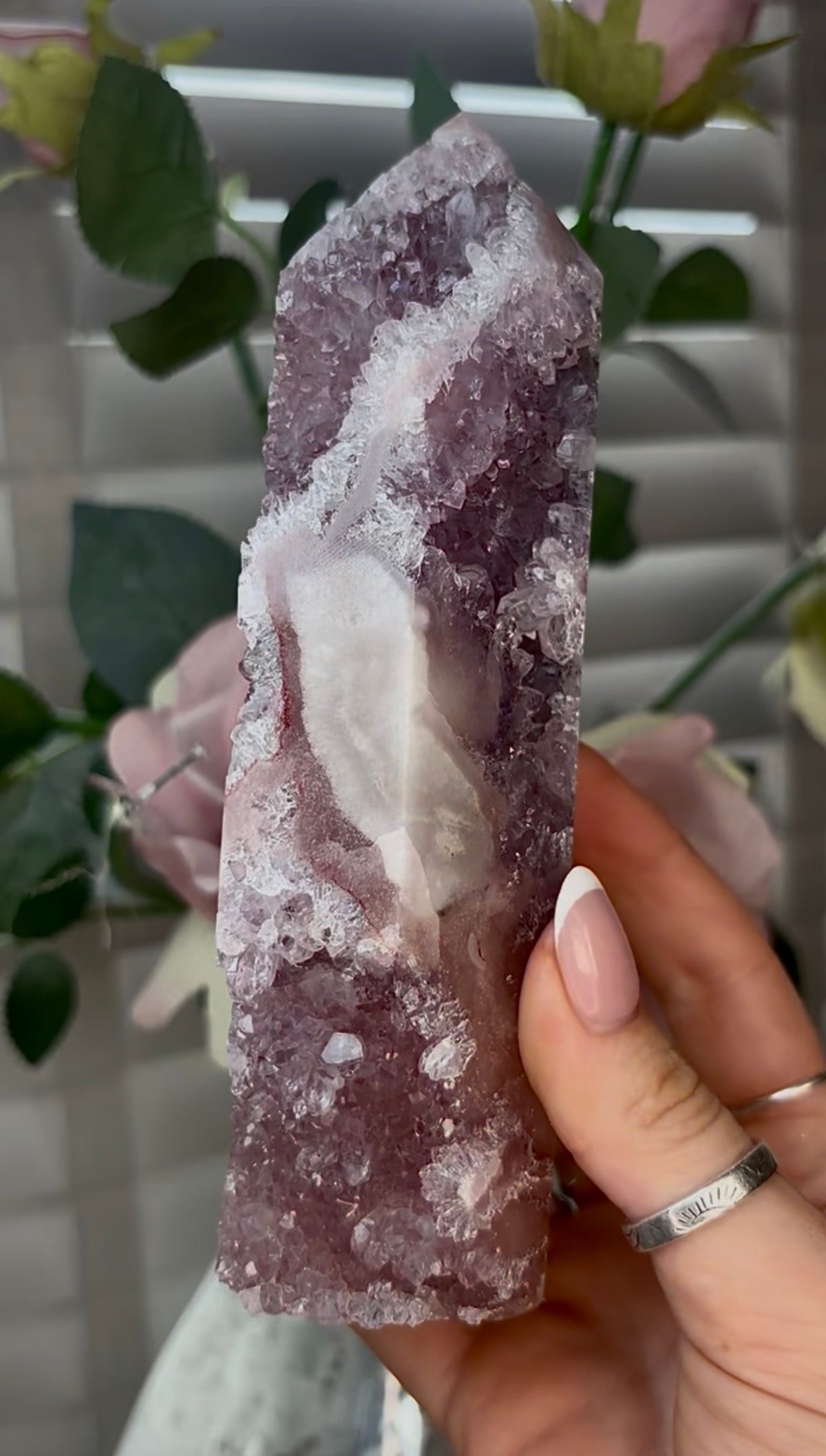 Beautiful, high quality, Pink amethyst tower with lilac quartz 18cm(h) by 4.5cm(w)