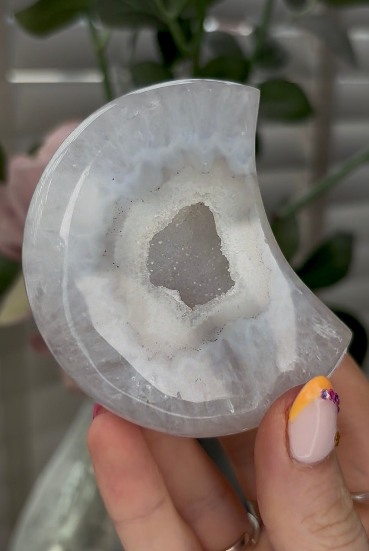 Beautiful, high grade, agate moon with druzy - comes with stand