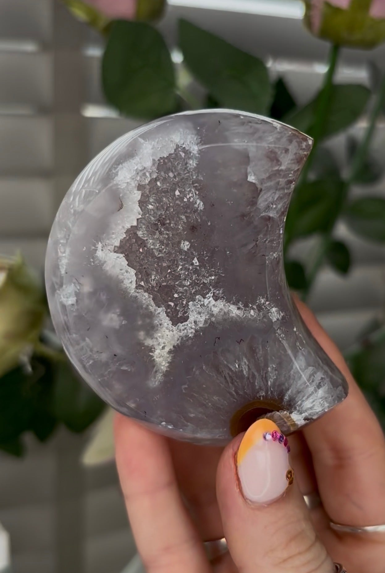 Beautiful, high grade, agate moon with druzy - comes with stand