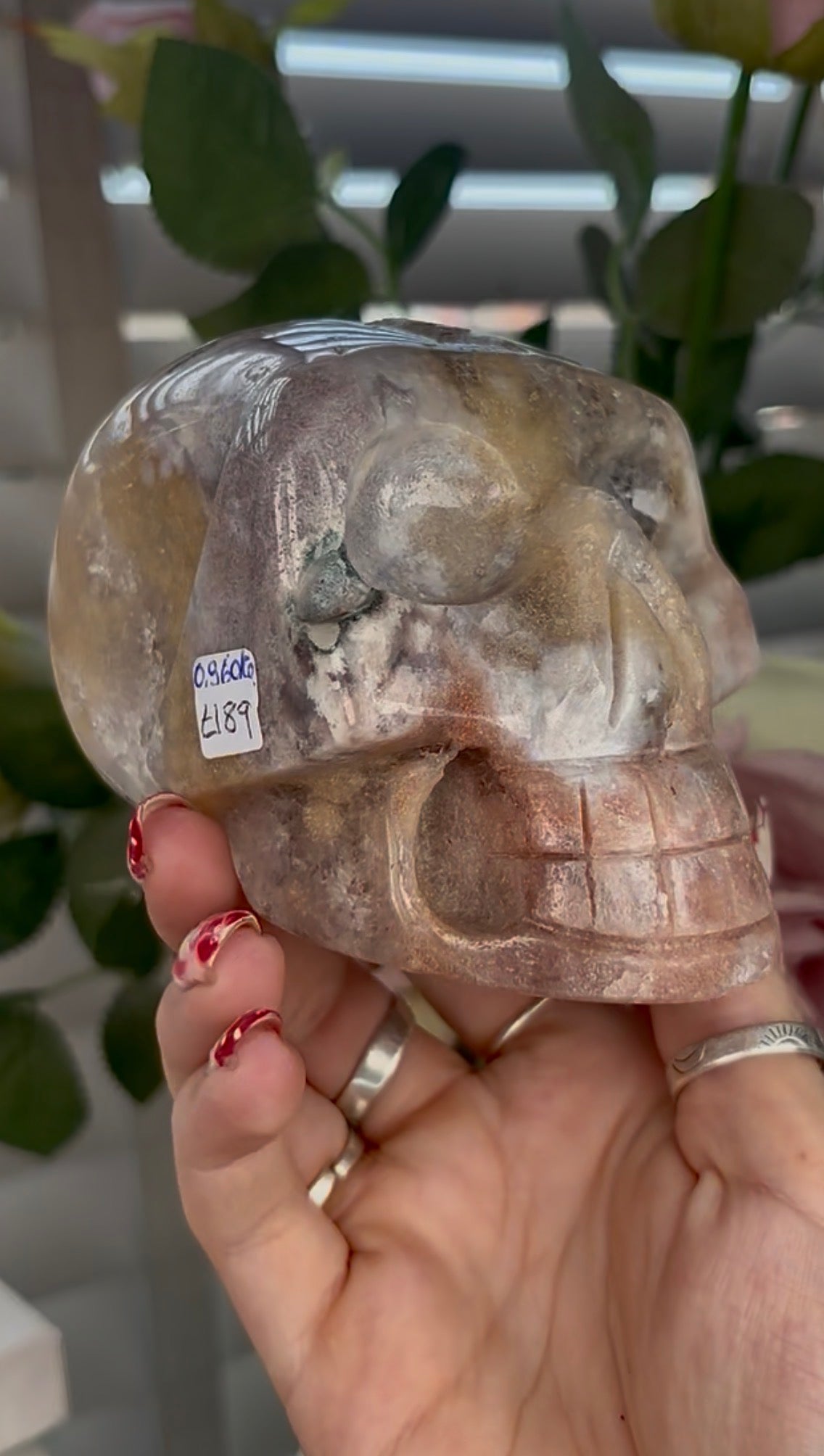 High grade, pink amethyst skull carving