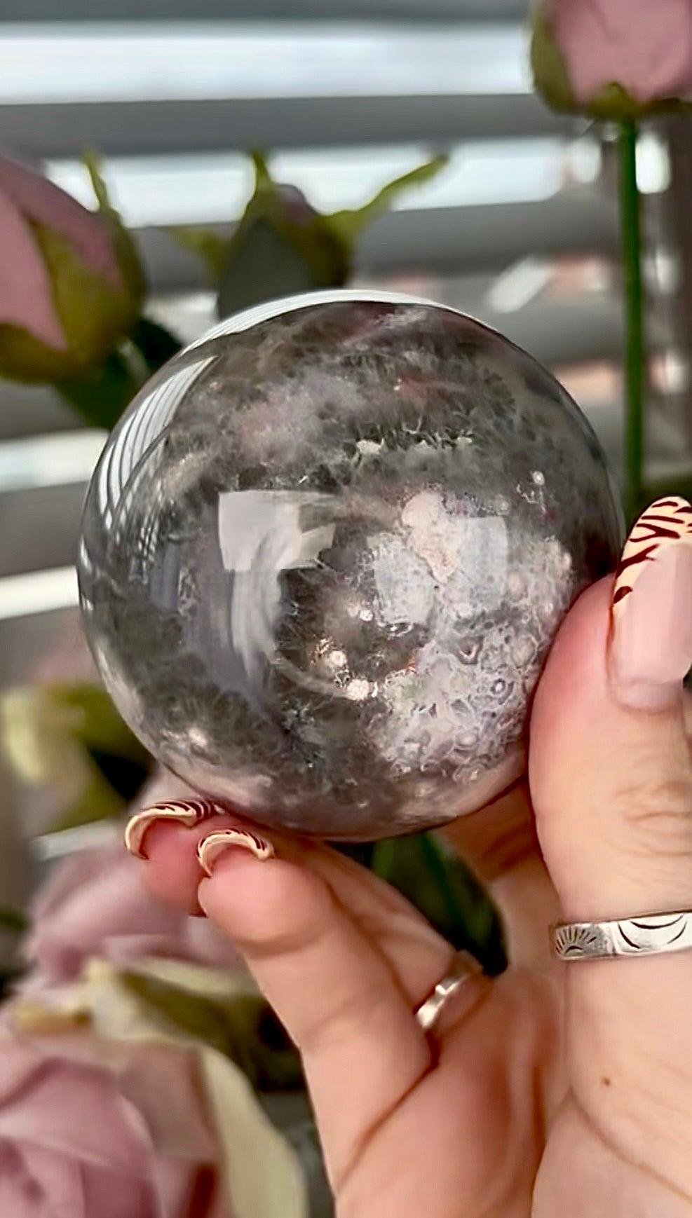 Stunning!! Super high quality, Druzy, green chlorite x blue flower agate sphere