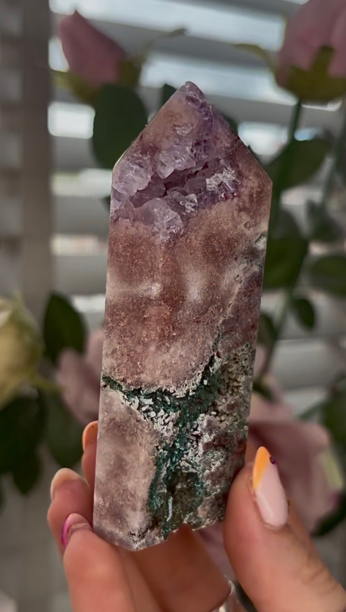 Pretty, Pink amethyst tower, with purple quartz druzy & green jasper