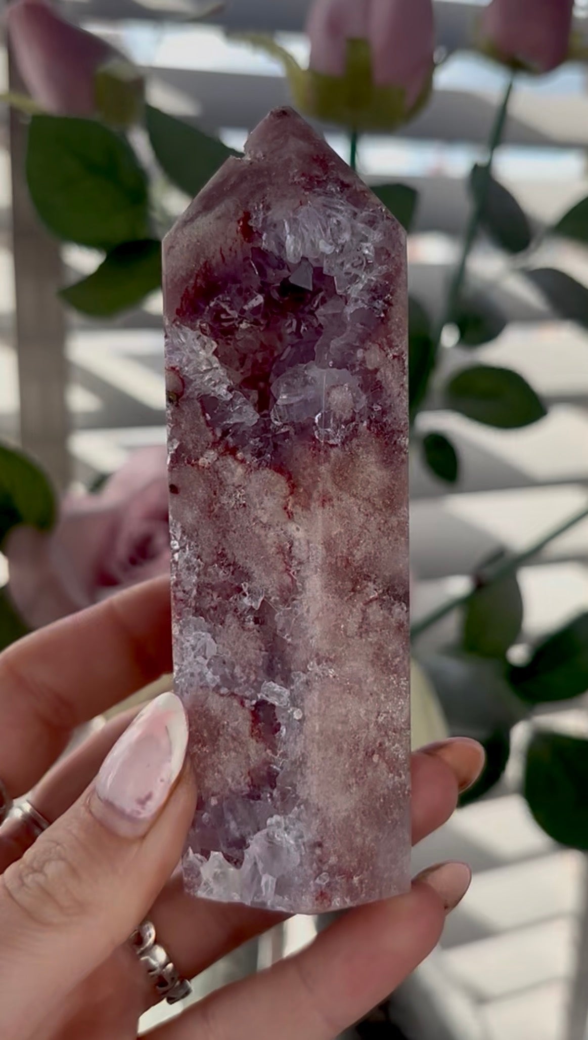 Beautiful, high quality, Pink amethyst tower with purple quartz