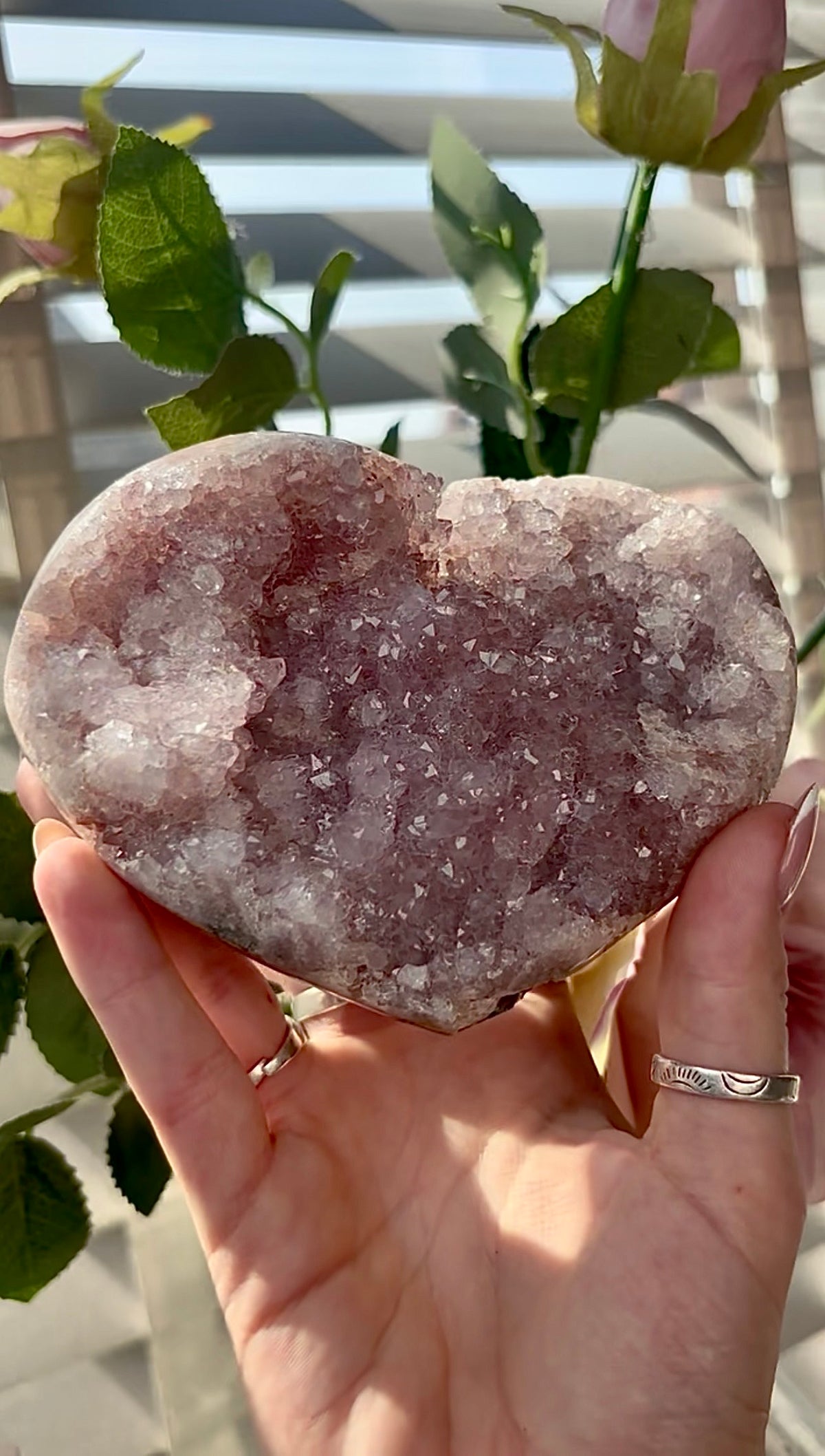 Gorgeous, hq, druzy pink amethyst heart- comes with stand