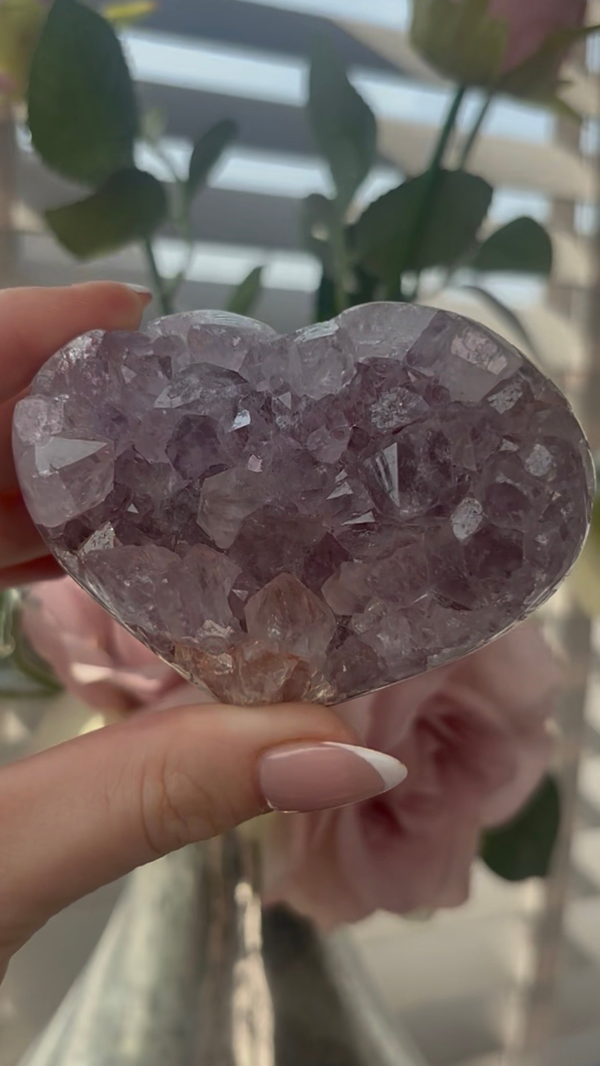 Gorgeous, high quality, pink amethyst heart with lilac quartz  - comes with stand