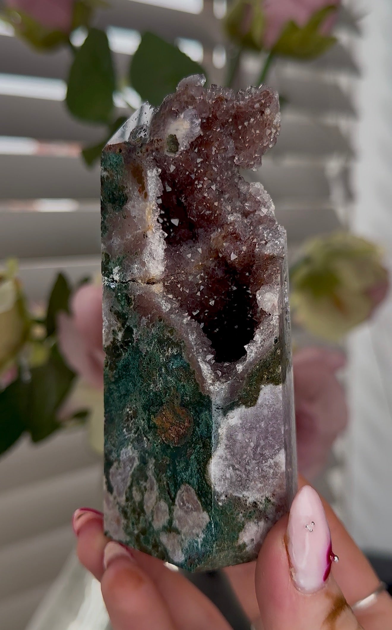 High quality Pink amethyst tower with jasper 11cm(h) 5cm(w)