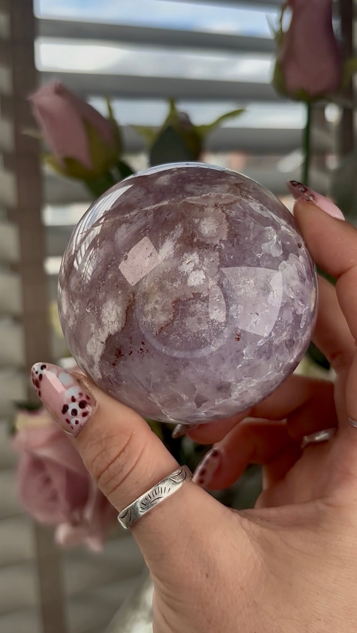 High grade, amethyst Flower agate sphere with high clarity quartz