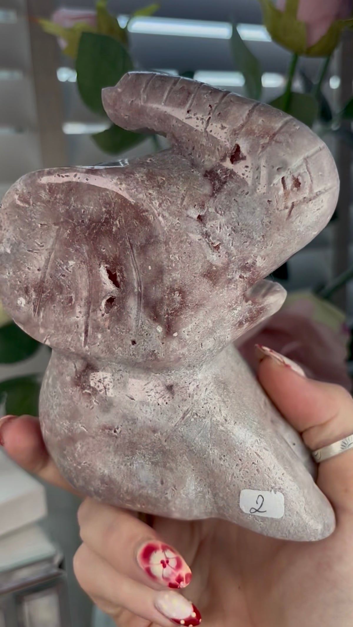 High grade, large, pink amethyst elephant carving
