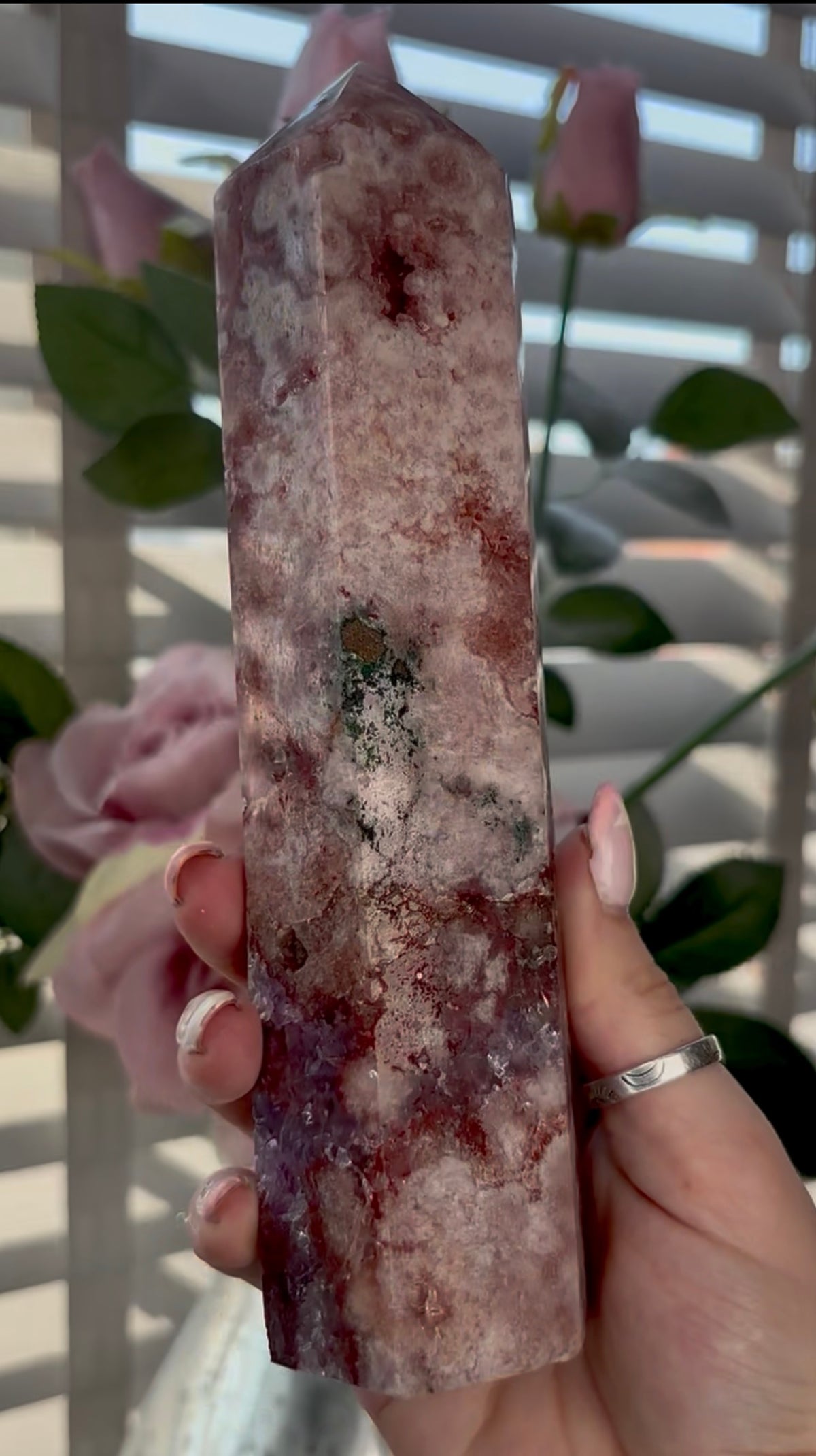 Beautiful, high quality, tall, Pink amethyst tower with purple quartz & red hematite - 20cm