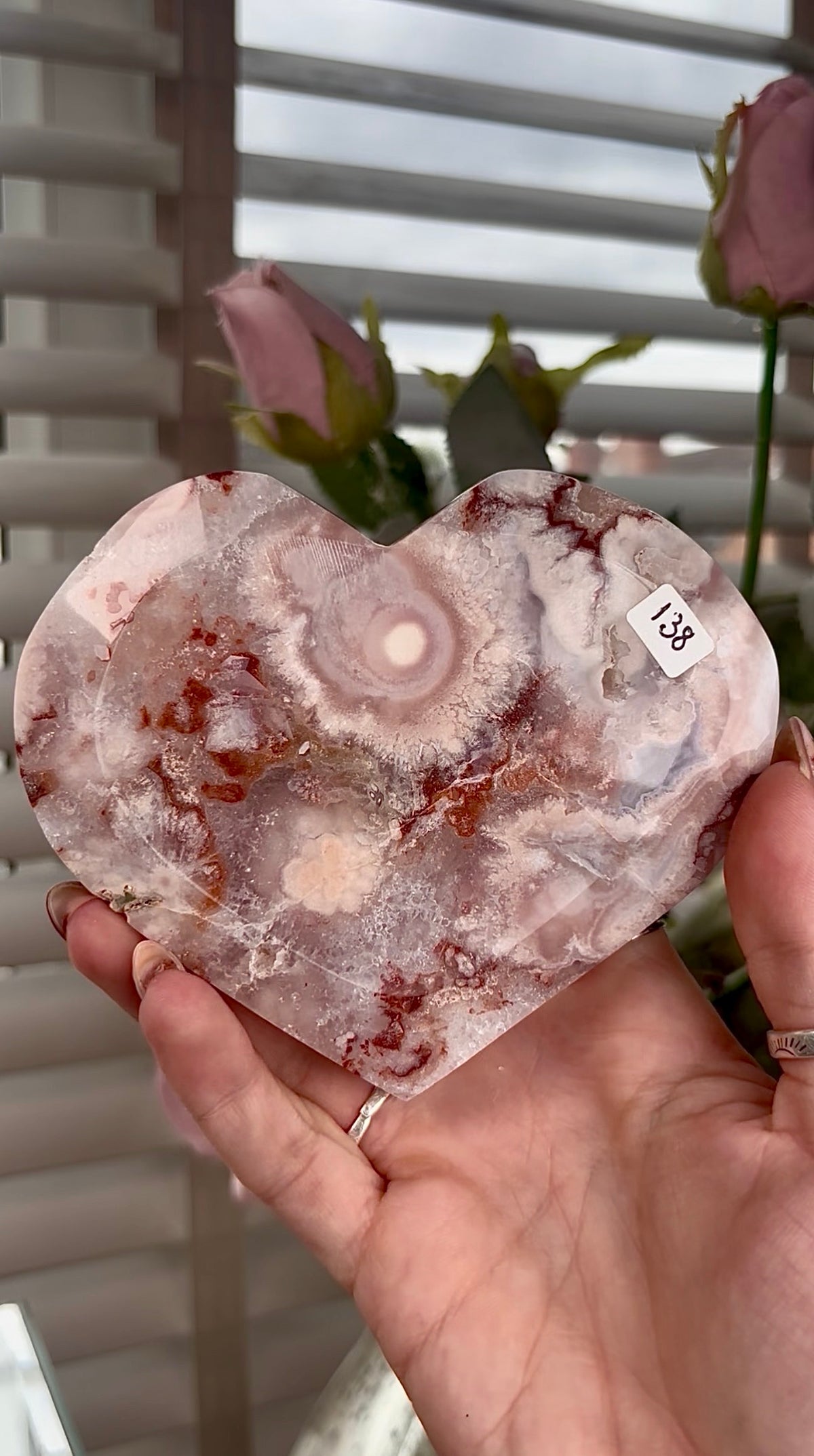 High grade, amethyst Flower agate heart with high clarity quartz