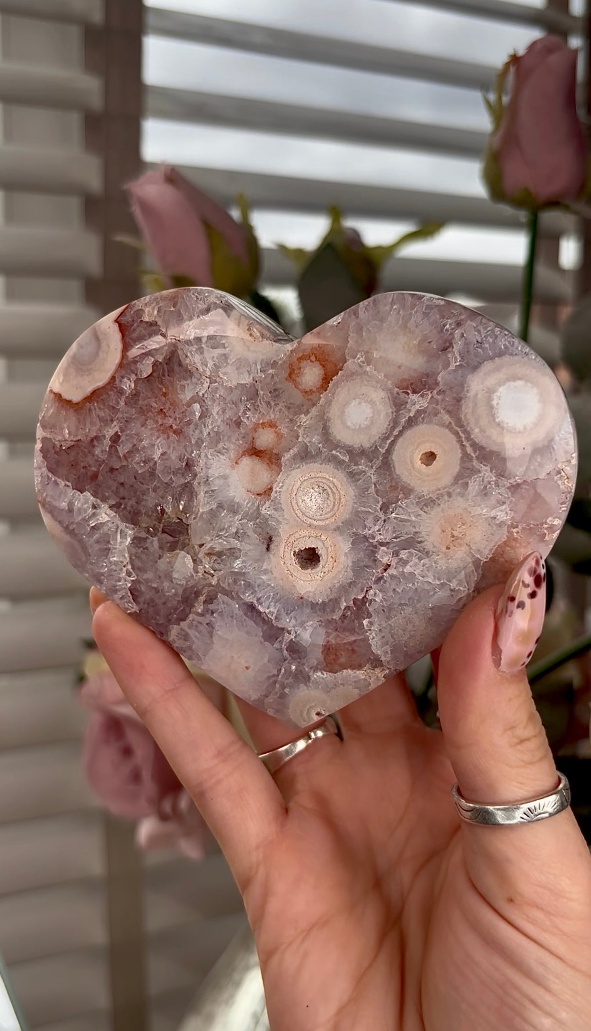 High grade, amethyst Flower agate heart with high clarity quartz