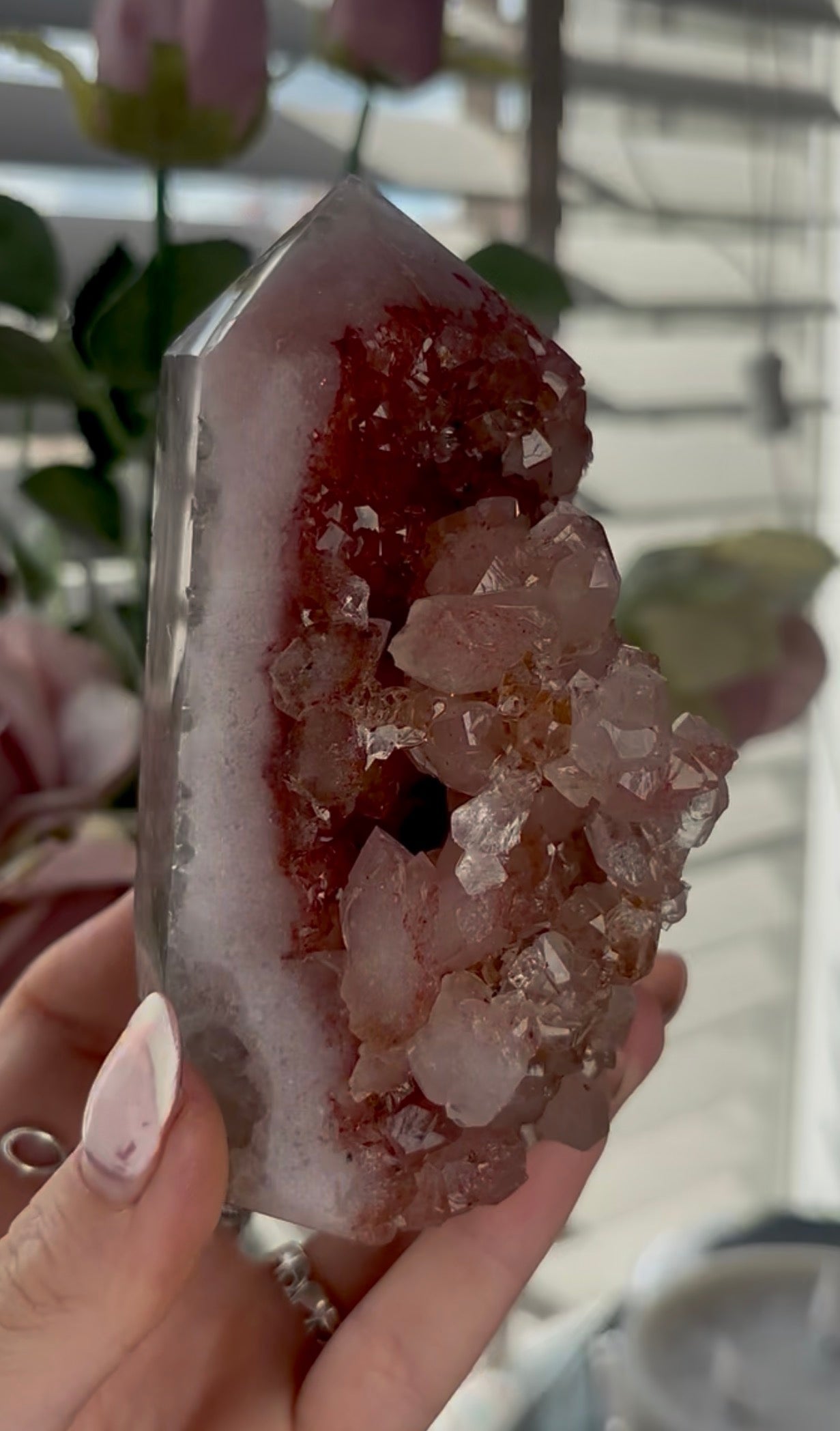 Beautiful, high quality, Pink amethyst tower in burnt orange/red tones with chewing gum druzy