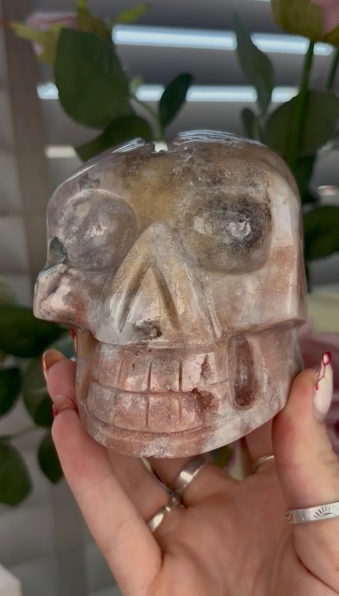 High grade, pink amethyst skull carving