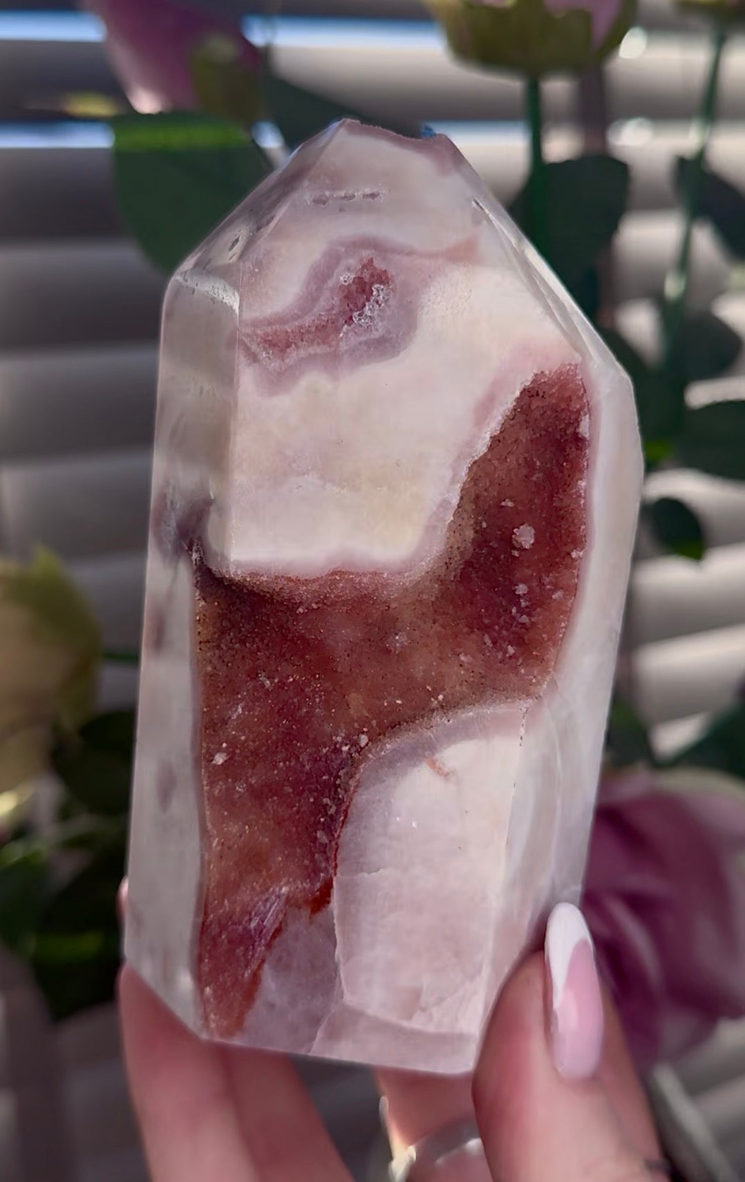 Stunning Pink amethyst tower with red druzy - 650g 11.5cm (h)
