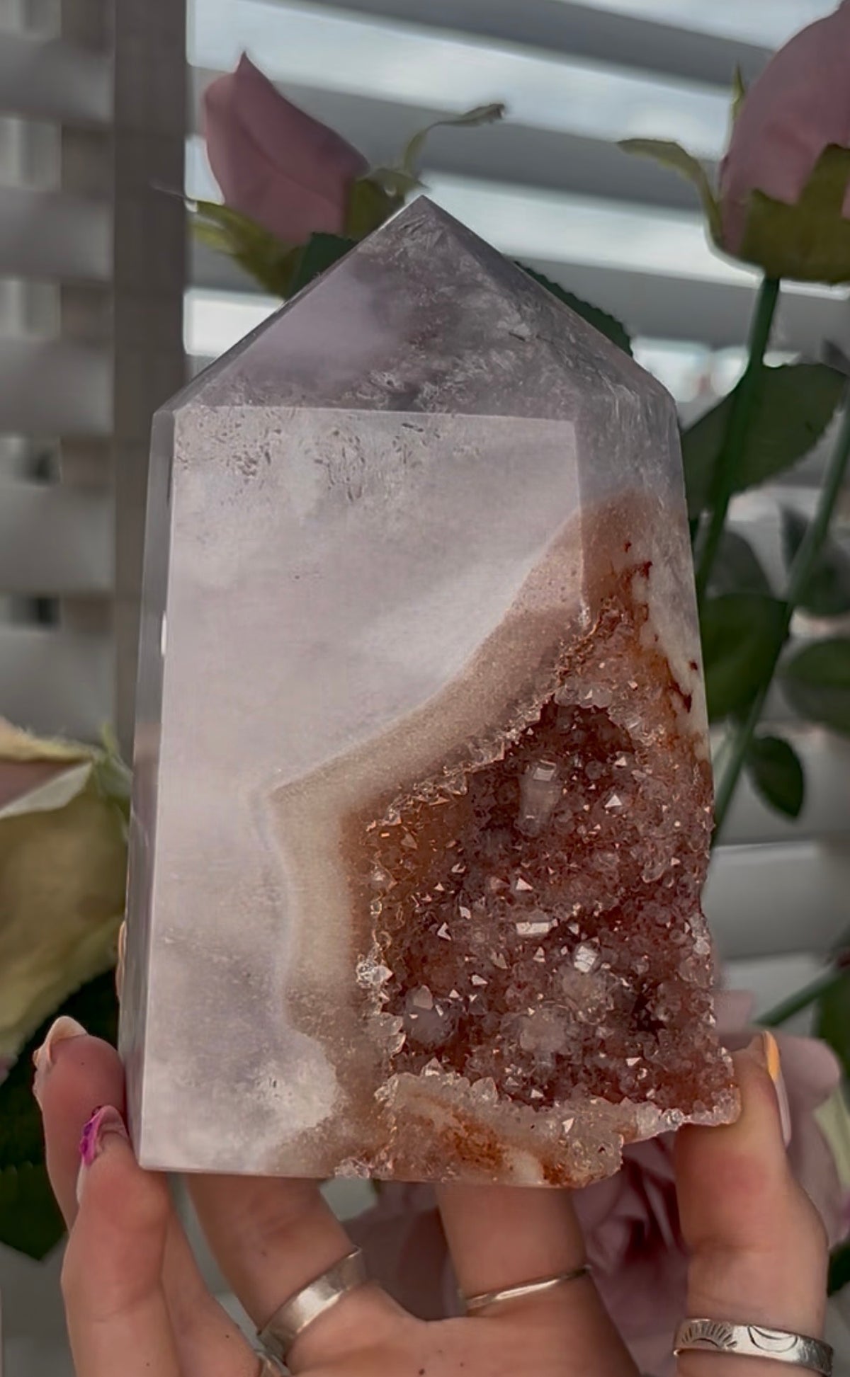 Large, High quality, Pink amethyst tower, with orange druzy