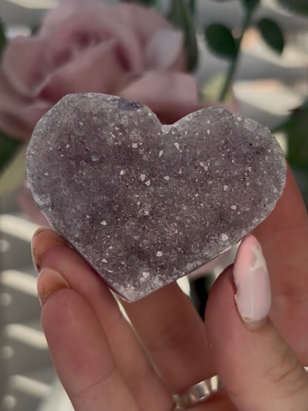 Uruguay, rainbow amethyst heart - comes with stand in lilac tones