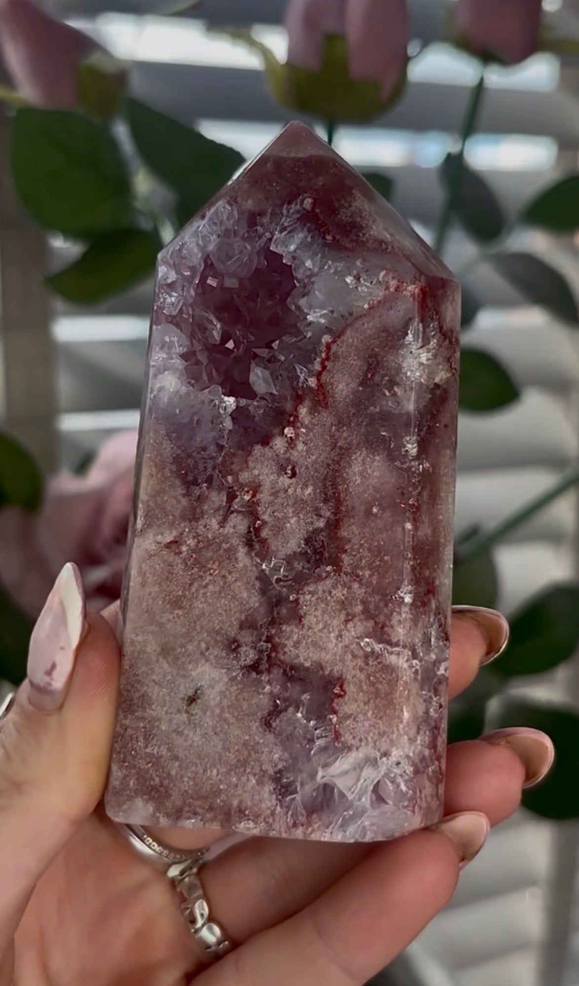 Beautiful, high quality, Pink amethyst tower with purple quartz