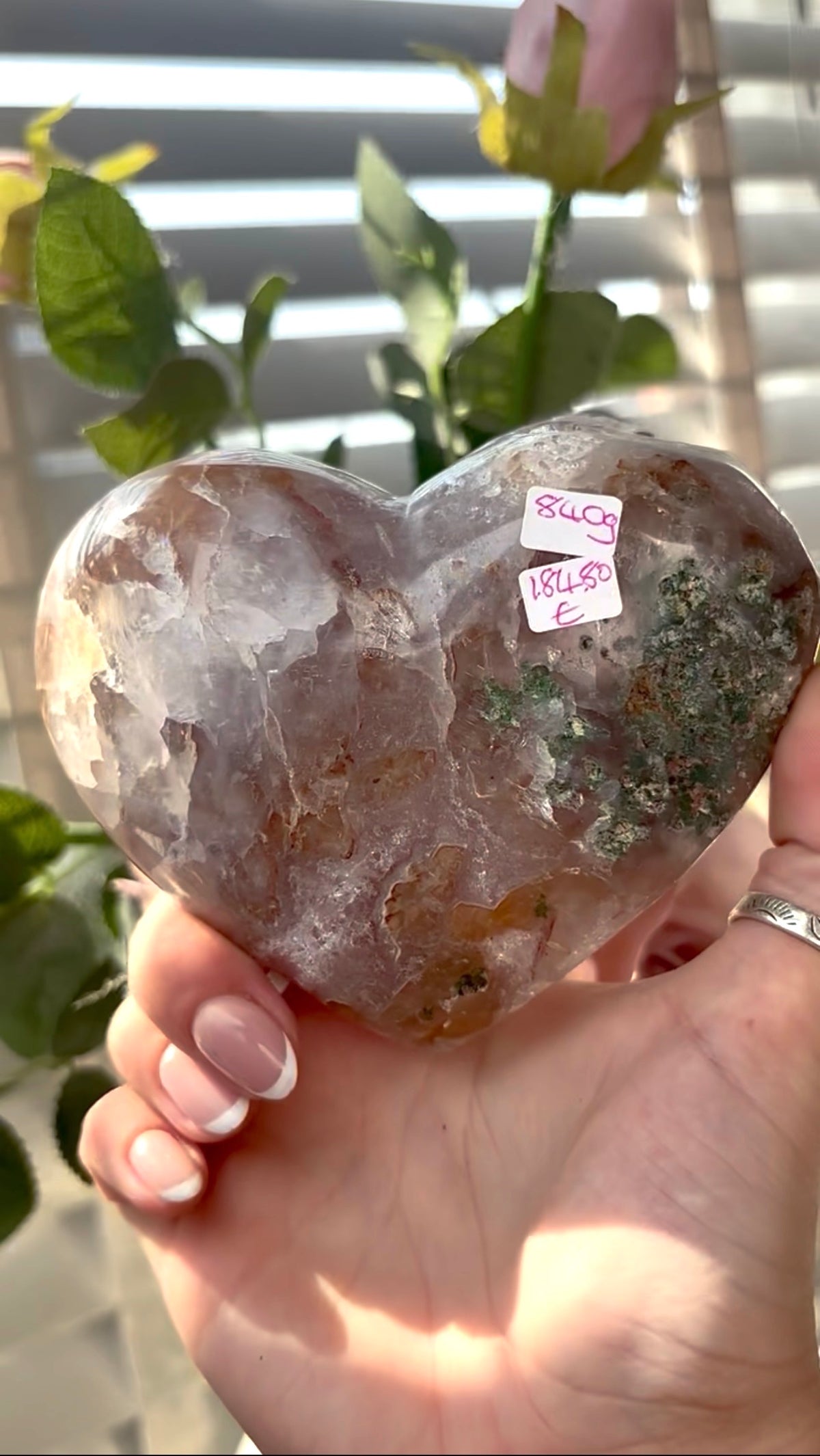 Gorgeous, hq, druzy quartz, pink amethyst heart- comes with stand