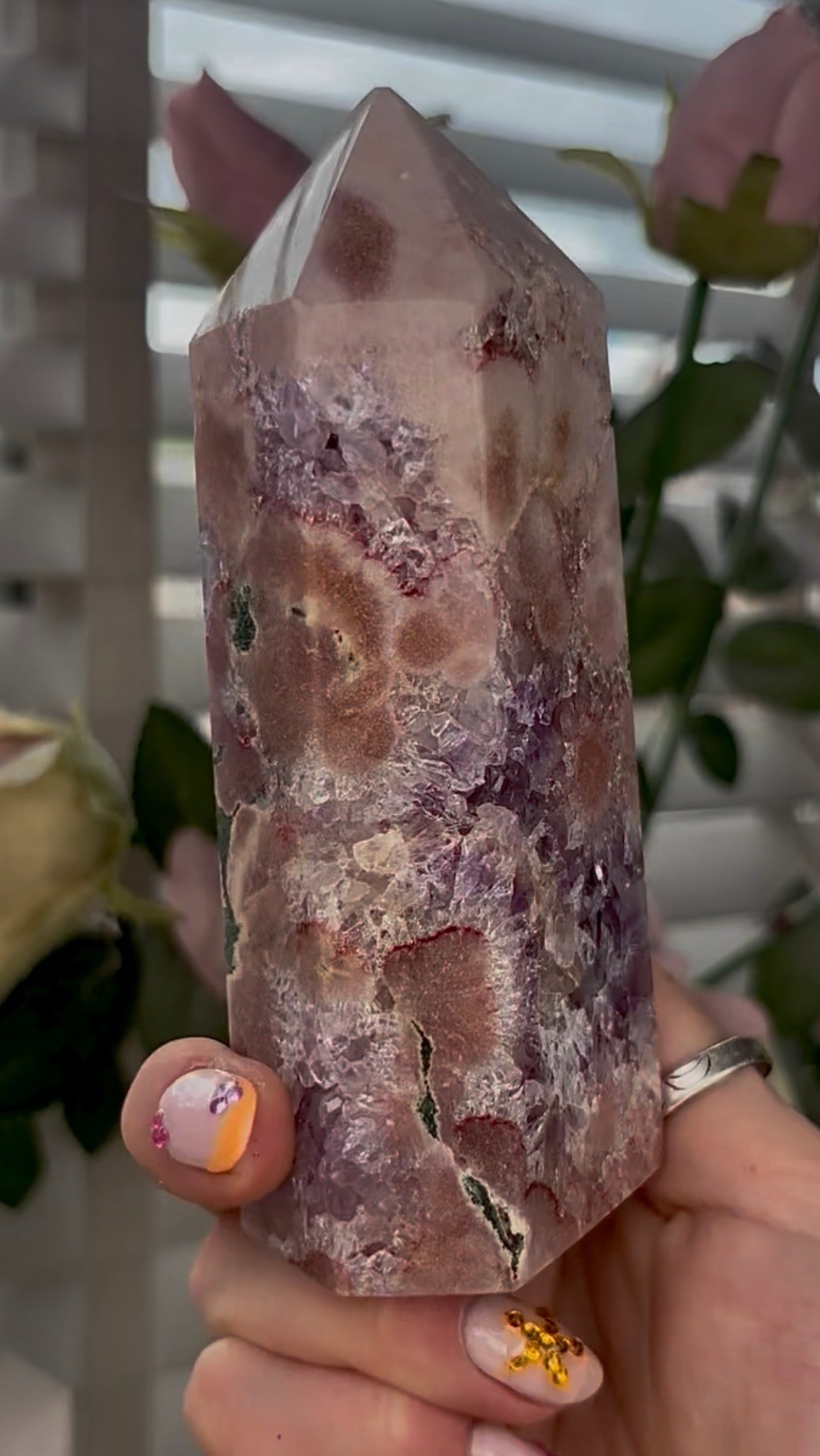 Pretty, Pink amethyst tower, with purple quartz druzy