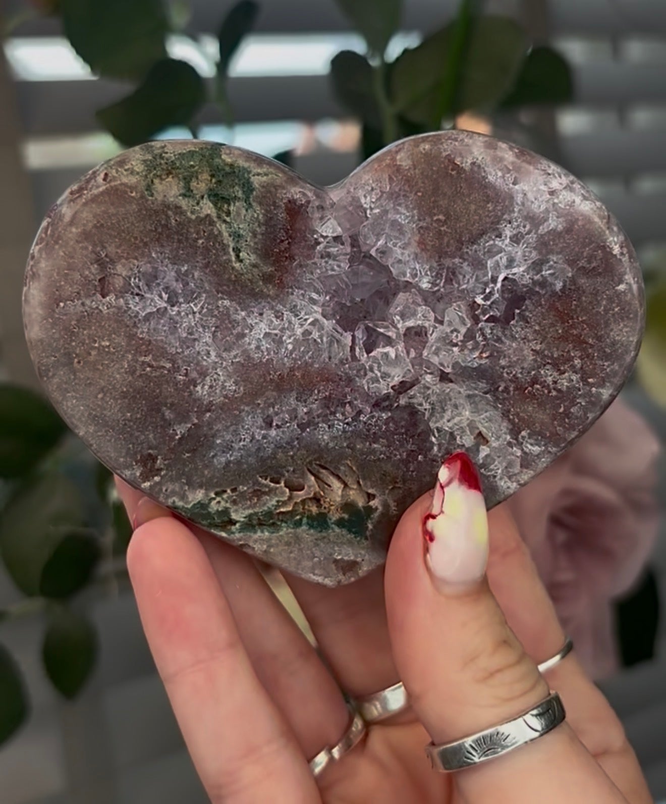 pink amethyst heart with Jasper and quartz - comes with stand (10cm)