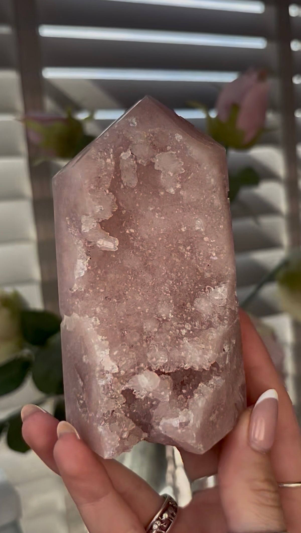 Beautiful, high quality, Pink amethyst tower 11.5cm(h) by 6cm(w)