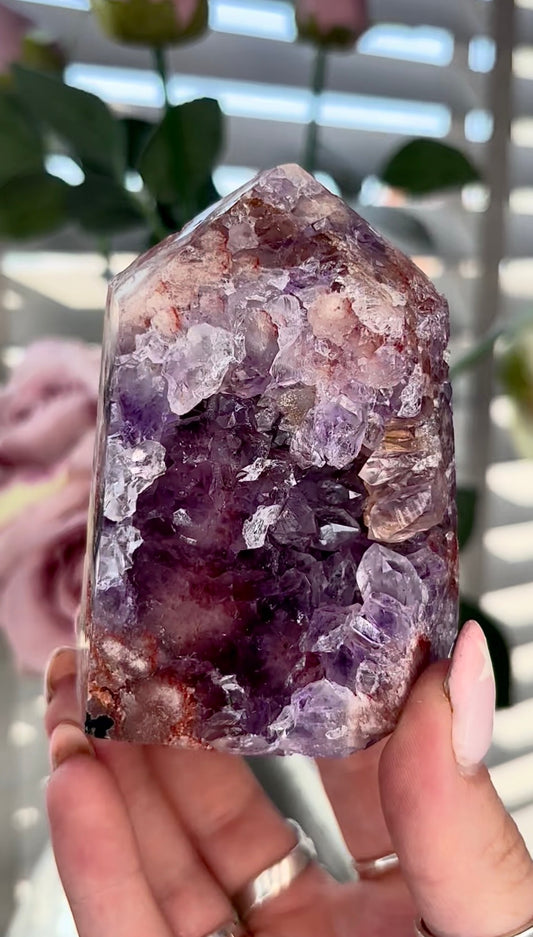 Beautiful, high quality, Pink amethyst tower with red tones & purple quartz 9.2cm