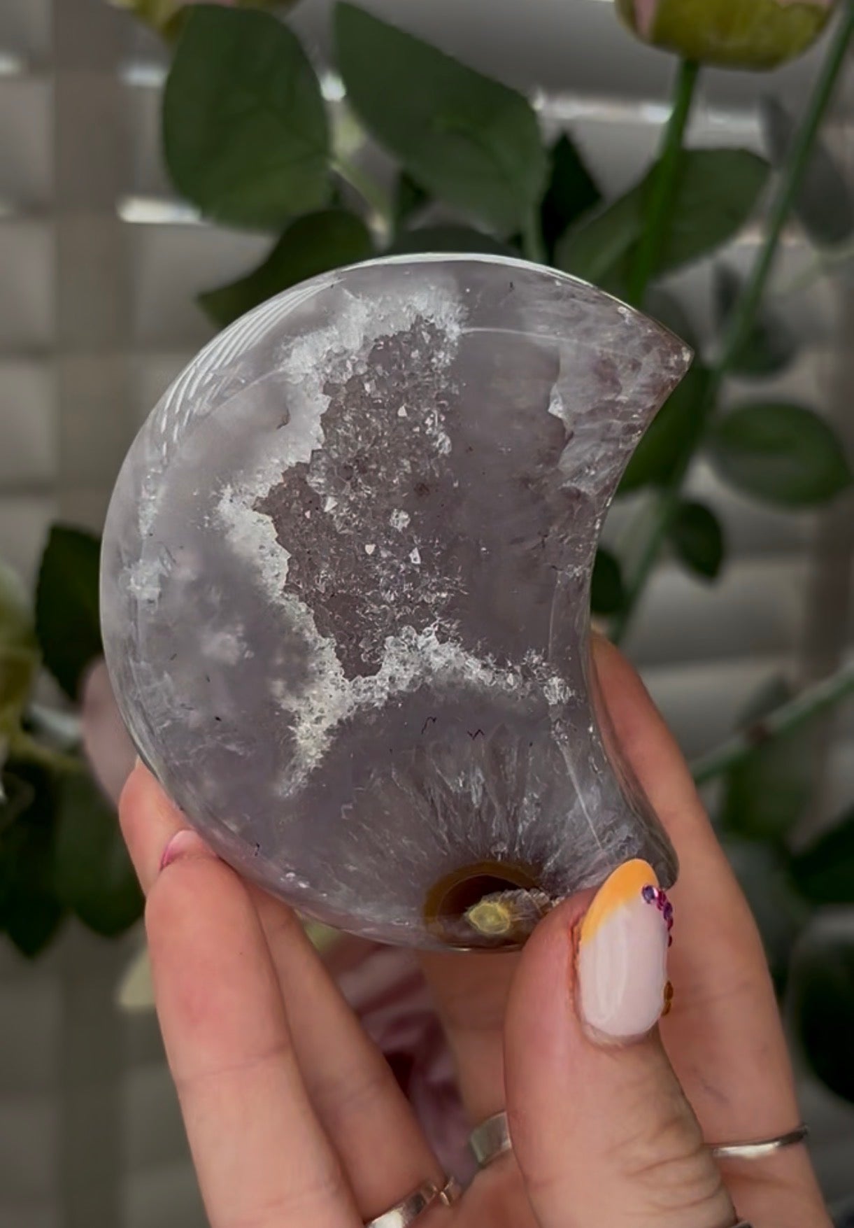 Beautiful, high grade, agate moon with druzy - comes with stand
