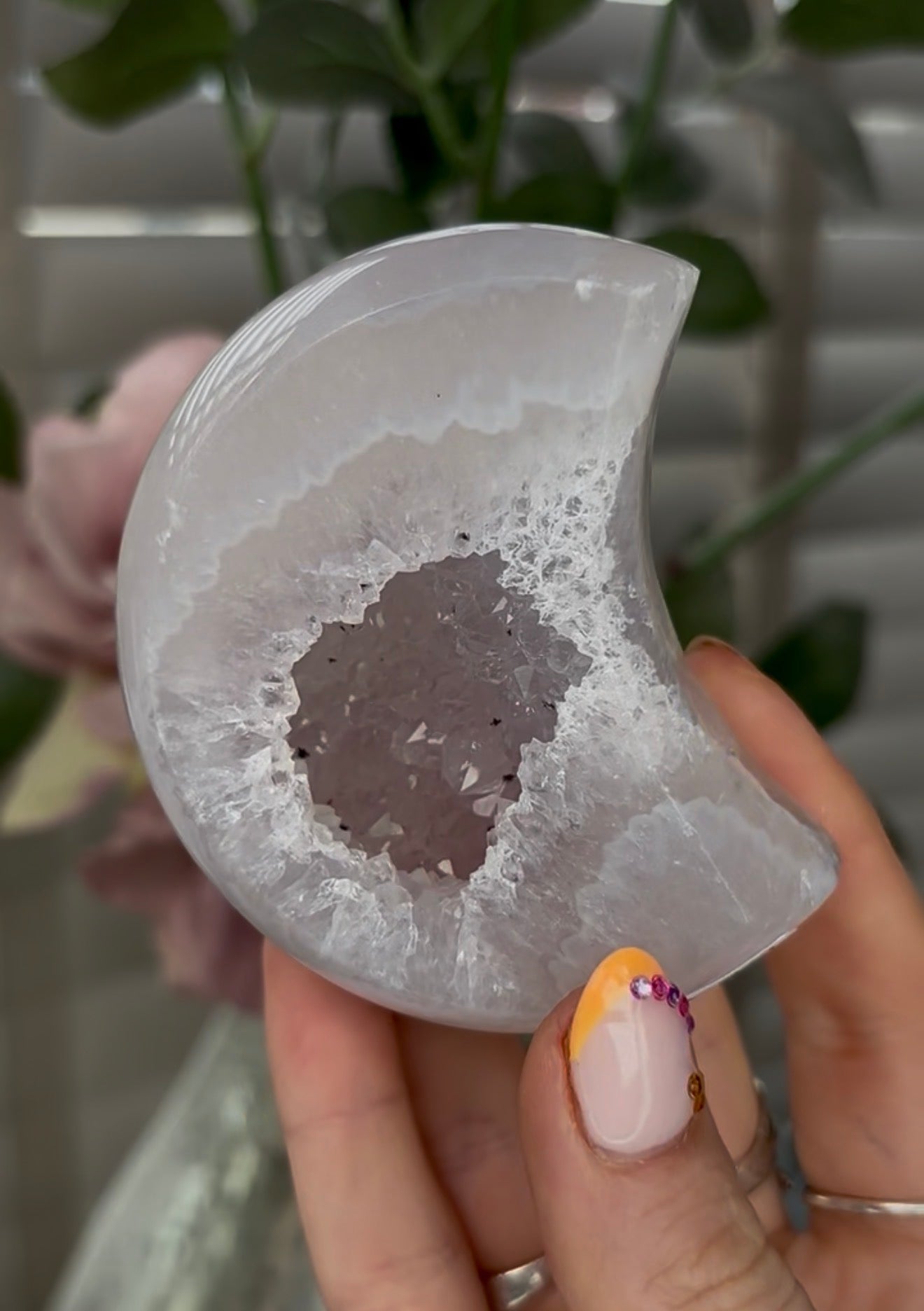 Beautiful, high grade, agate moon with druzy - comes with stand