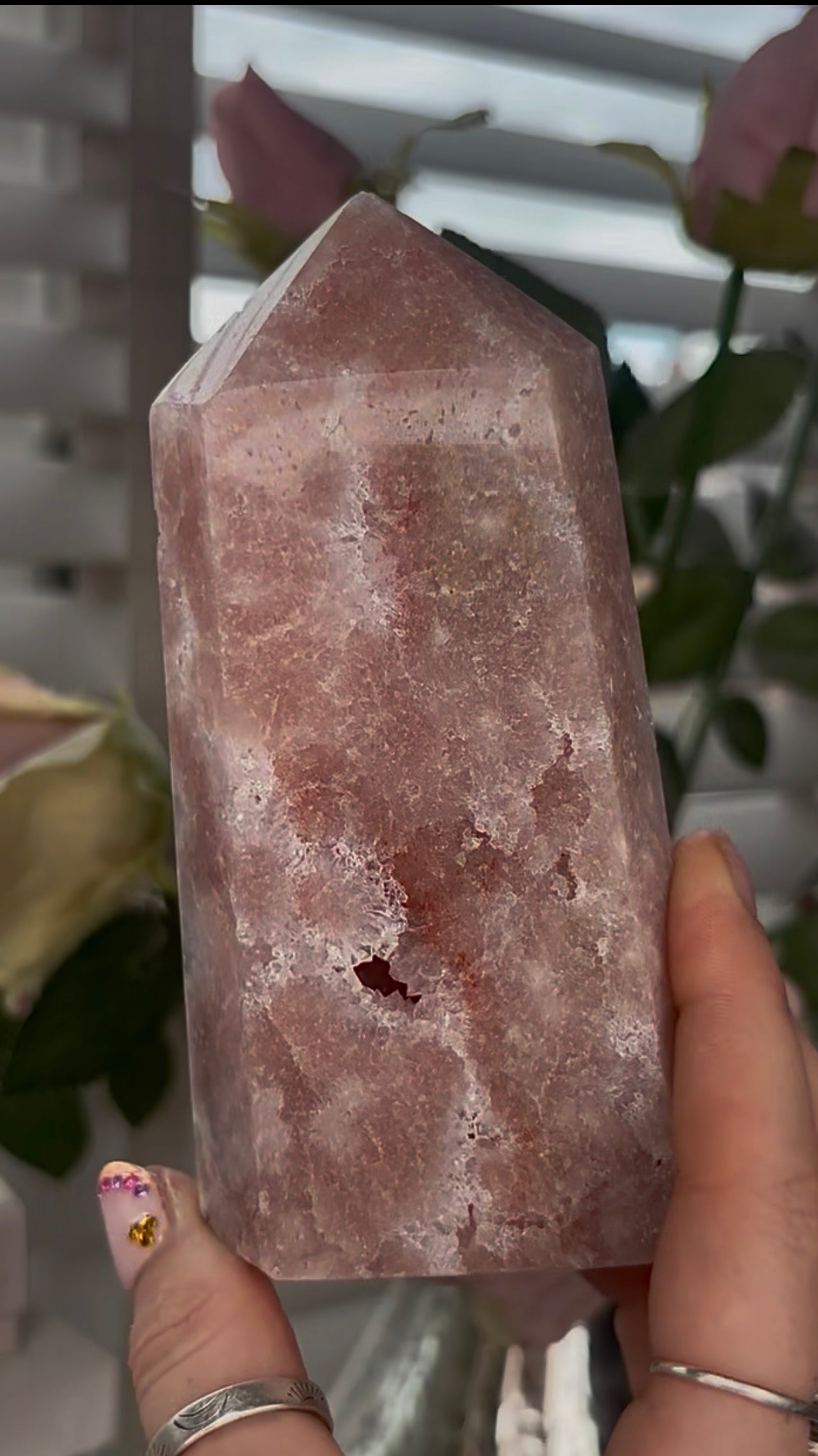 Pretty, Pink amethyst tower, with quartz druzy