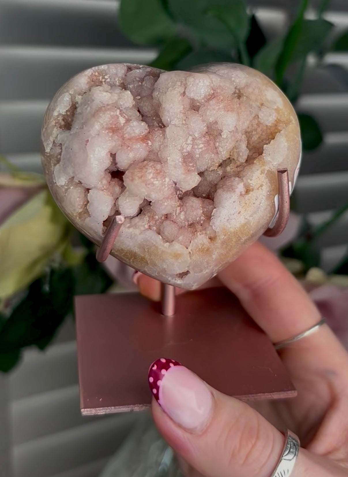 pink amethyst heart with bubble druzy - comes with stand